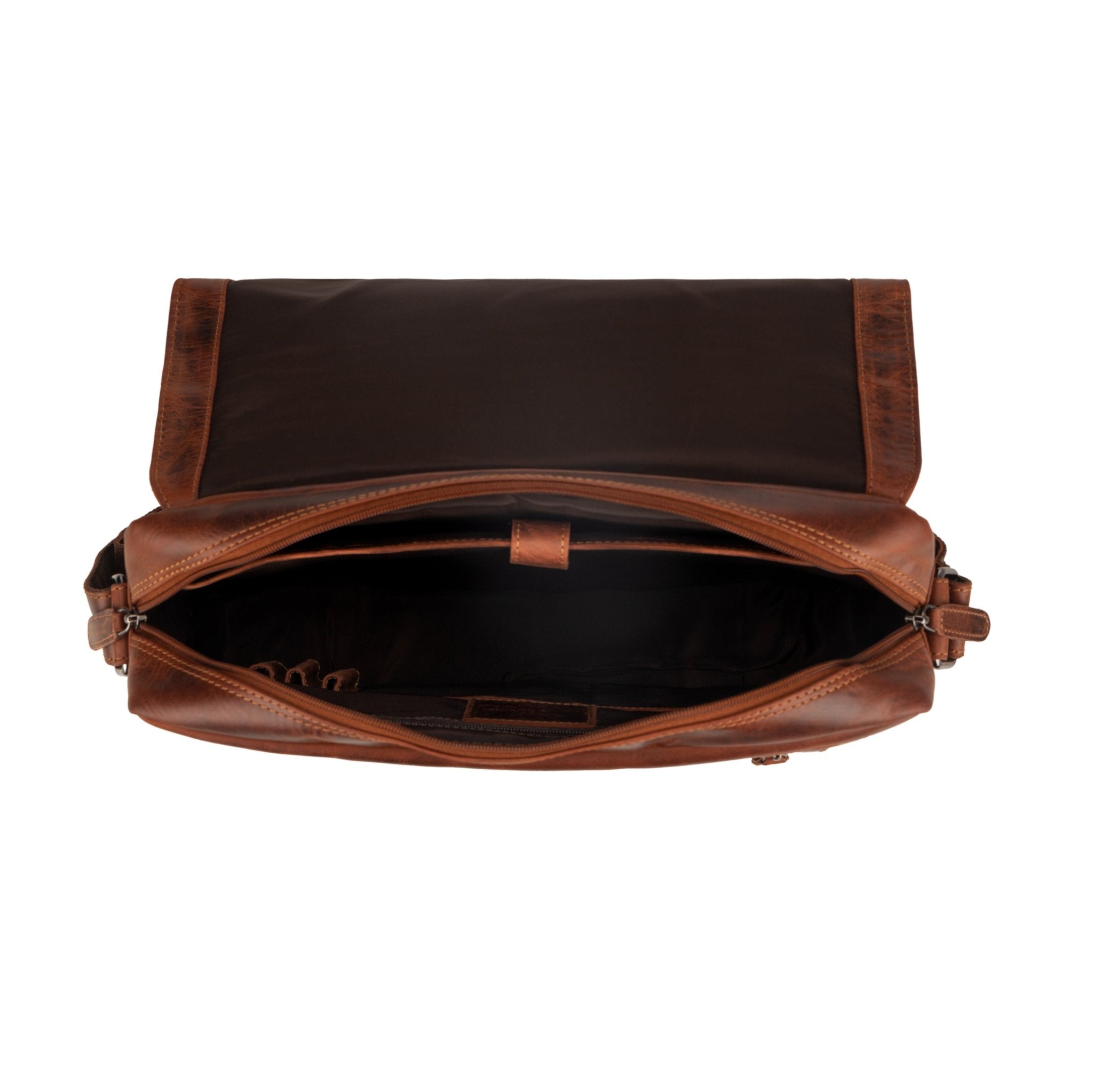 Jordan Leather Messenger Bag in Chestnut, Minori Leather laptop bag with adjustable strap and front pocket, crafted from durable leather.