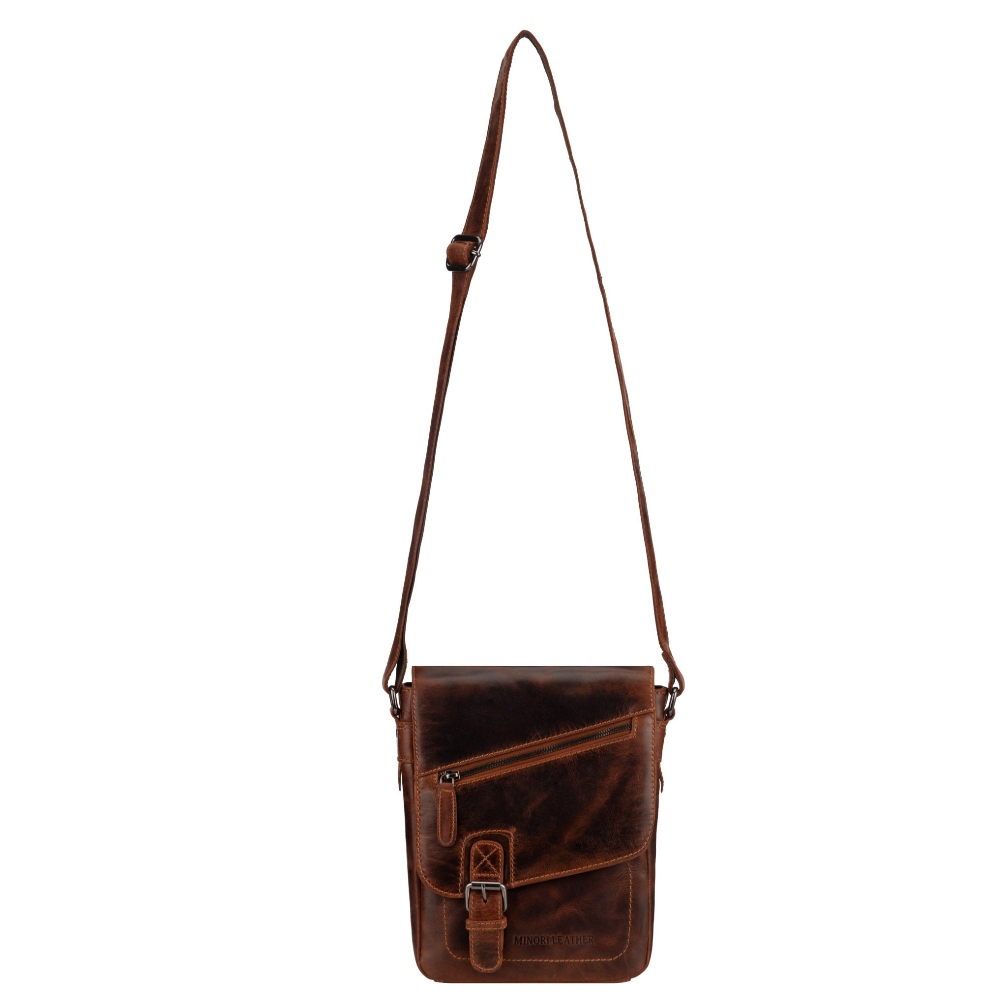 Minori Leather Dallas leather crossbody bag in chestnut with adjustable strap and sleek design, perfect for everyday use.