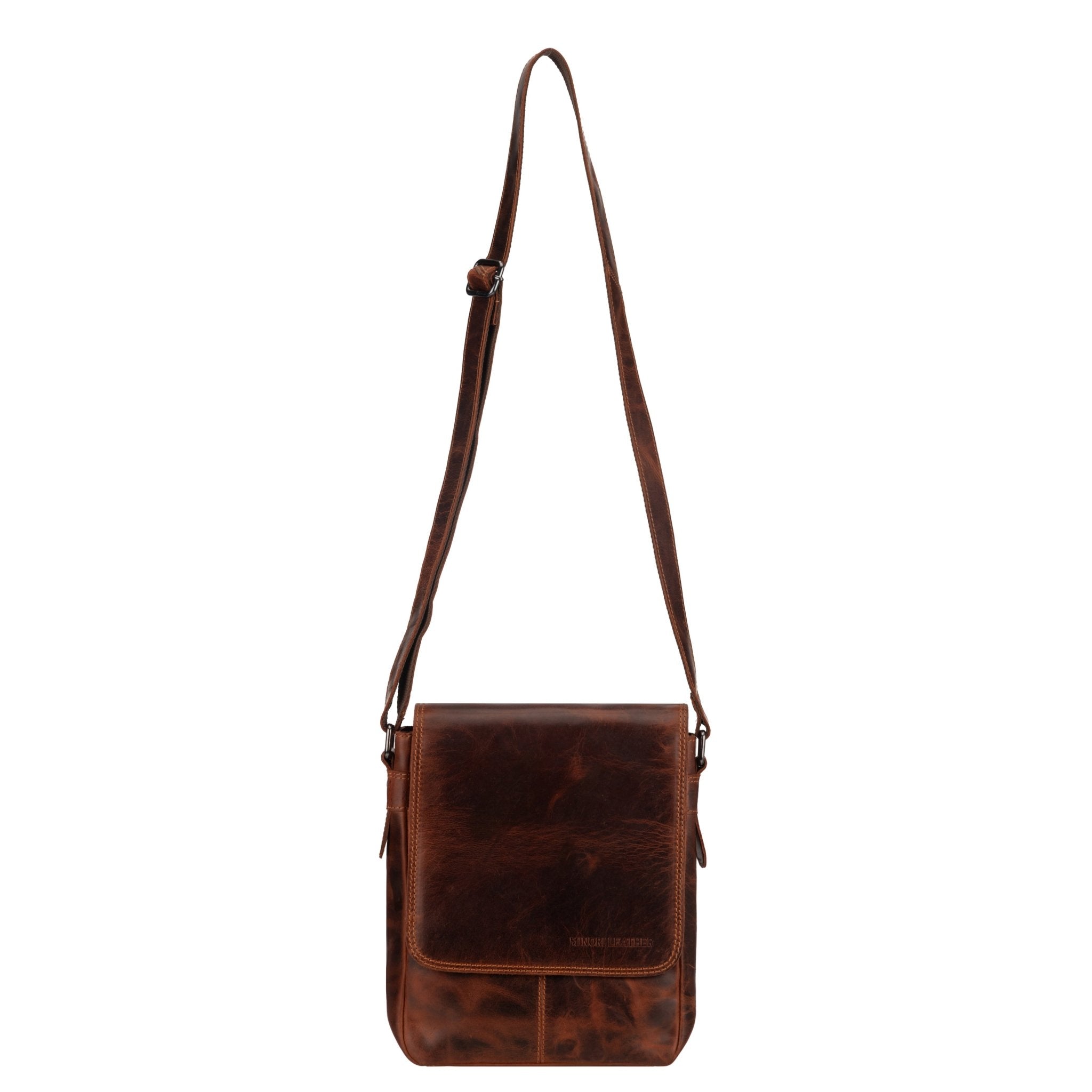 Minori Leather Halifax crossbody bag in chestnut leather, featuring adjustable strap and sleek design.