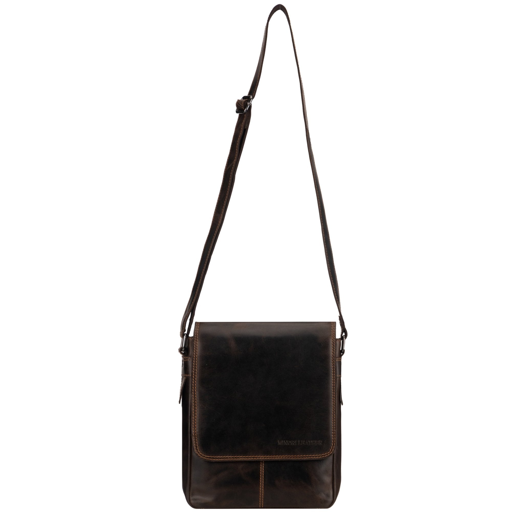 Minori Leather Halifax brown leather crossbody bag with adjustable strap and sleek design, perfect for everyday use.