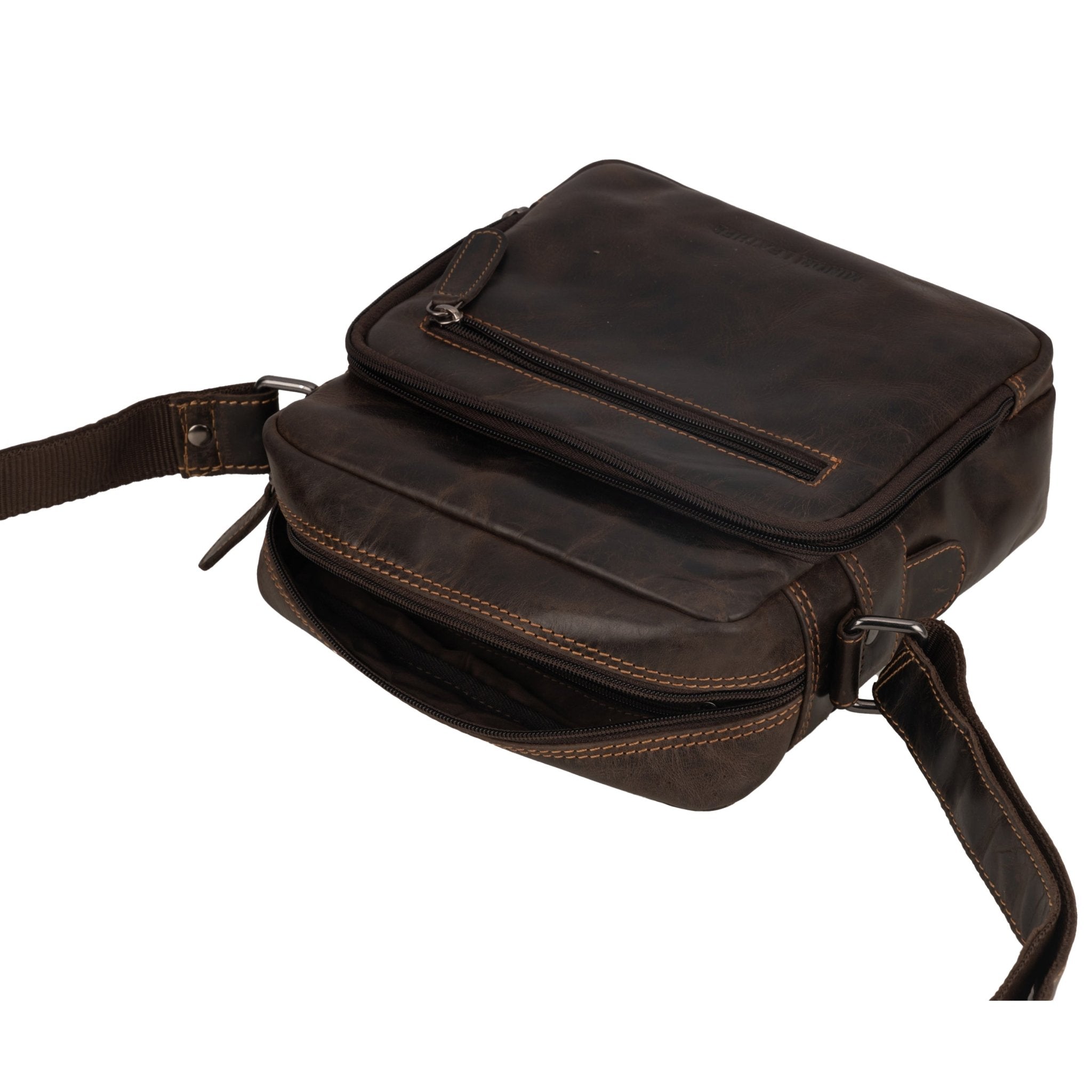 Minori Leather Harbor brown leather crossbody messenger bag with adjustable strap and spacious interior.