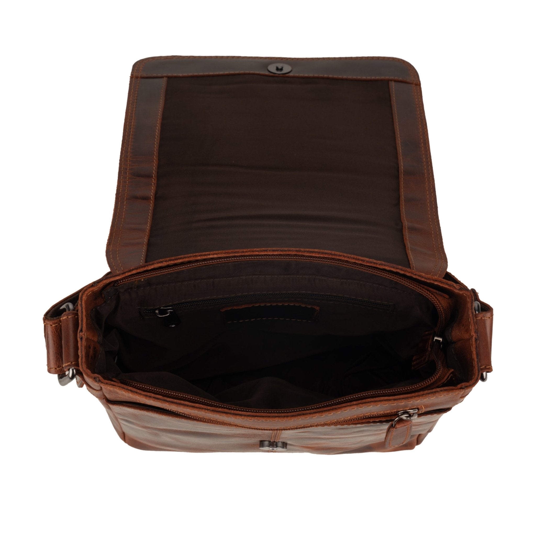 Minori Leather Halifax crossbody bag in chestnut leather with adjustable strap and compact design.