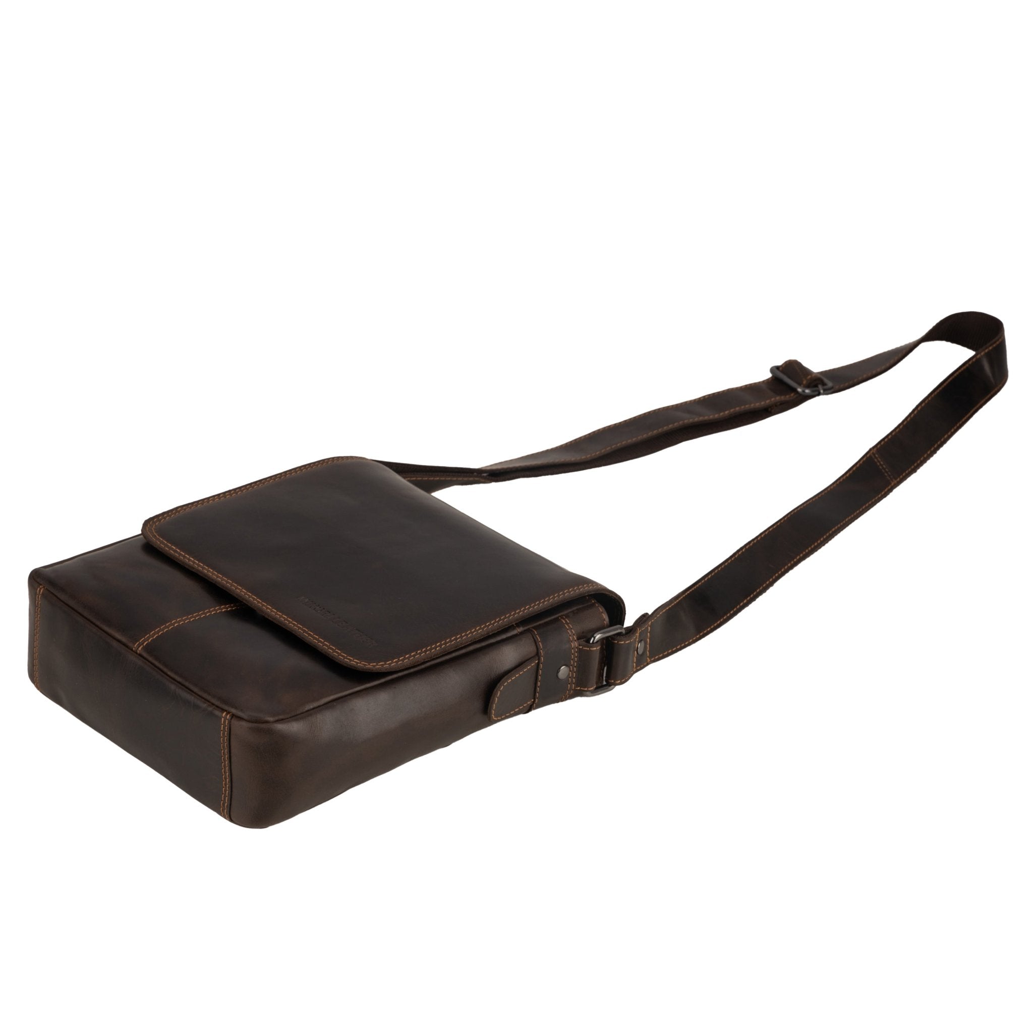 Minori Leather Halifax brown leather crossbody bag with adjustable strap and sleek design.