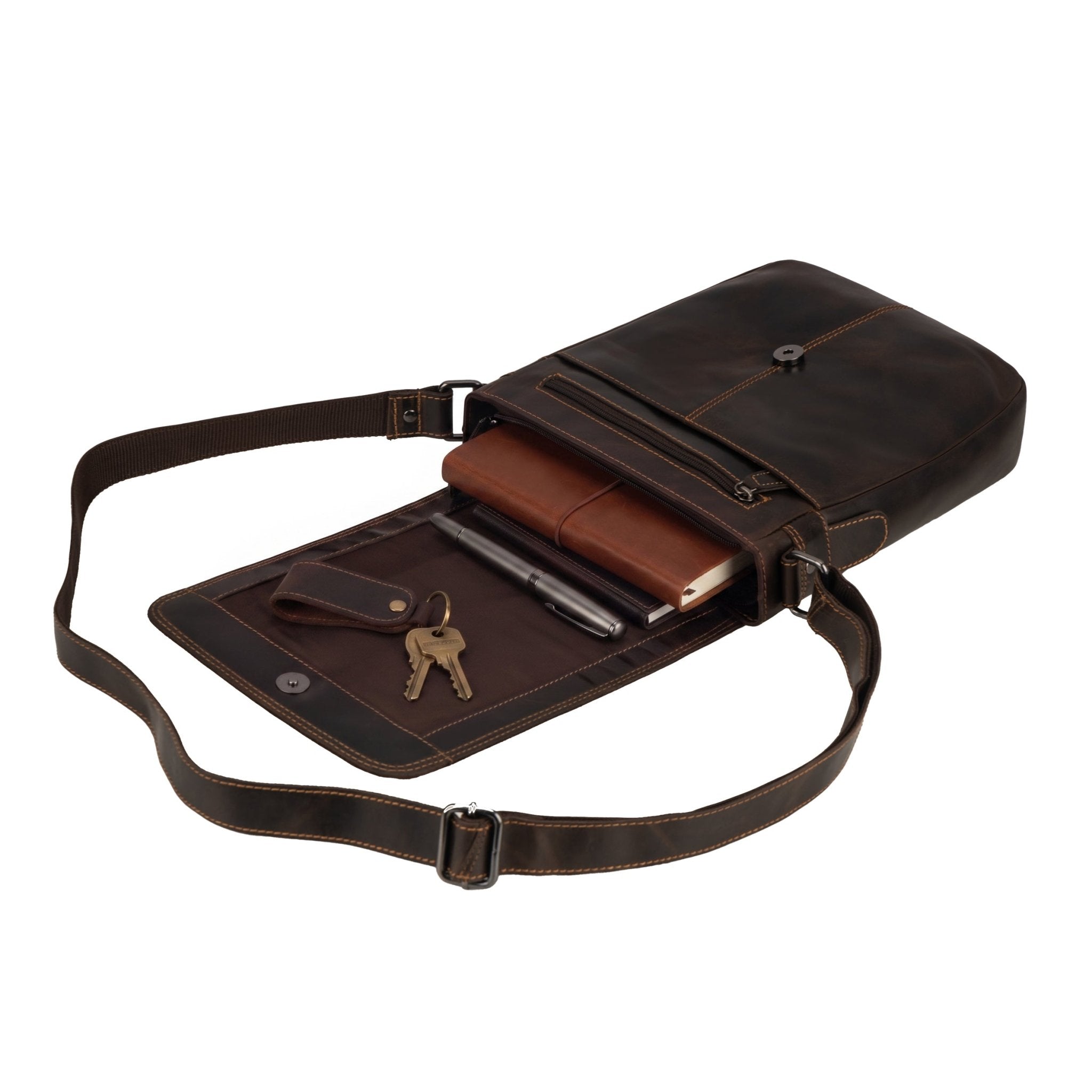 Minori Leather Halifax brown leather crossbody bag with adjustable strap and main zip compartment.