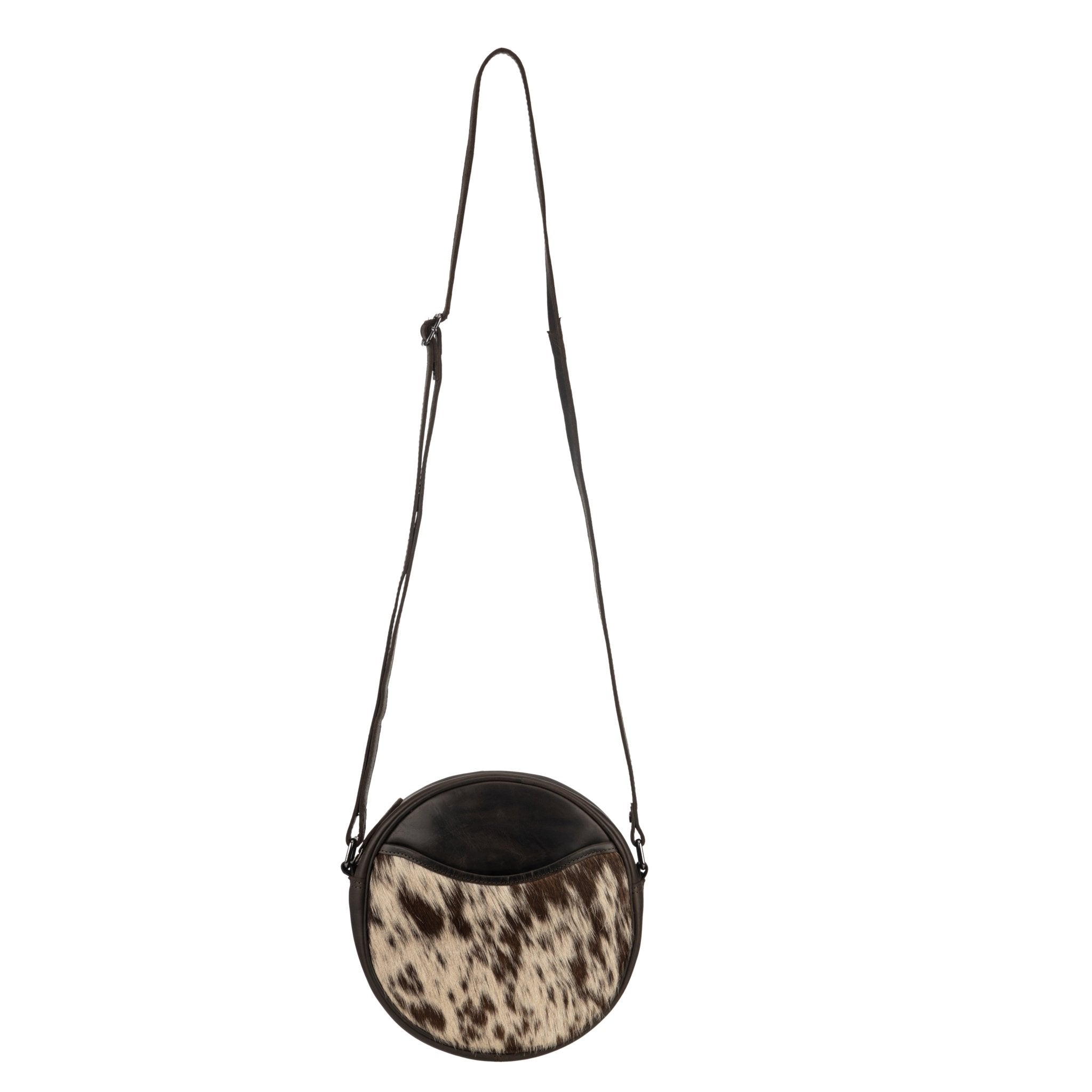 Minori Leather Luna round crossbody bag for women in chestnut, brown, and hair-on brown leather with a sleek, circular design.