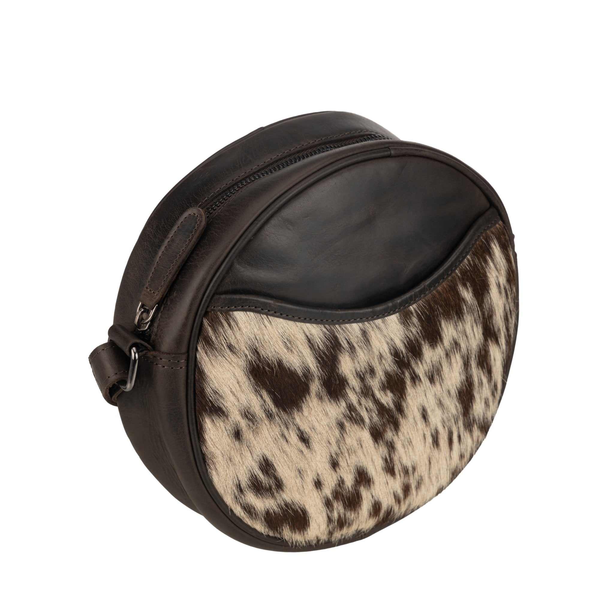 Minori Leather Luna round crossbody bag in chestnut brown leather with hair-on brown accents, featuring a compact, stylish design.
