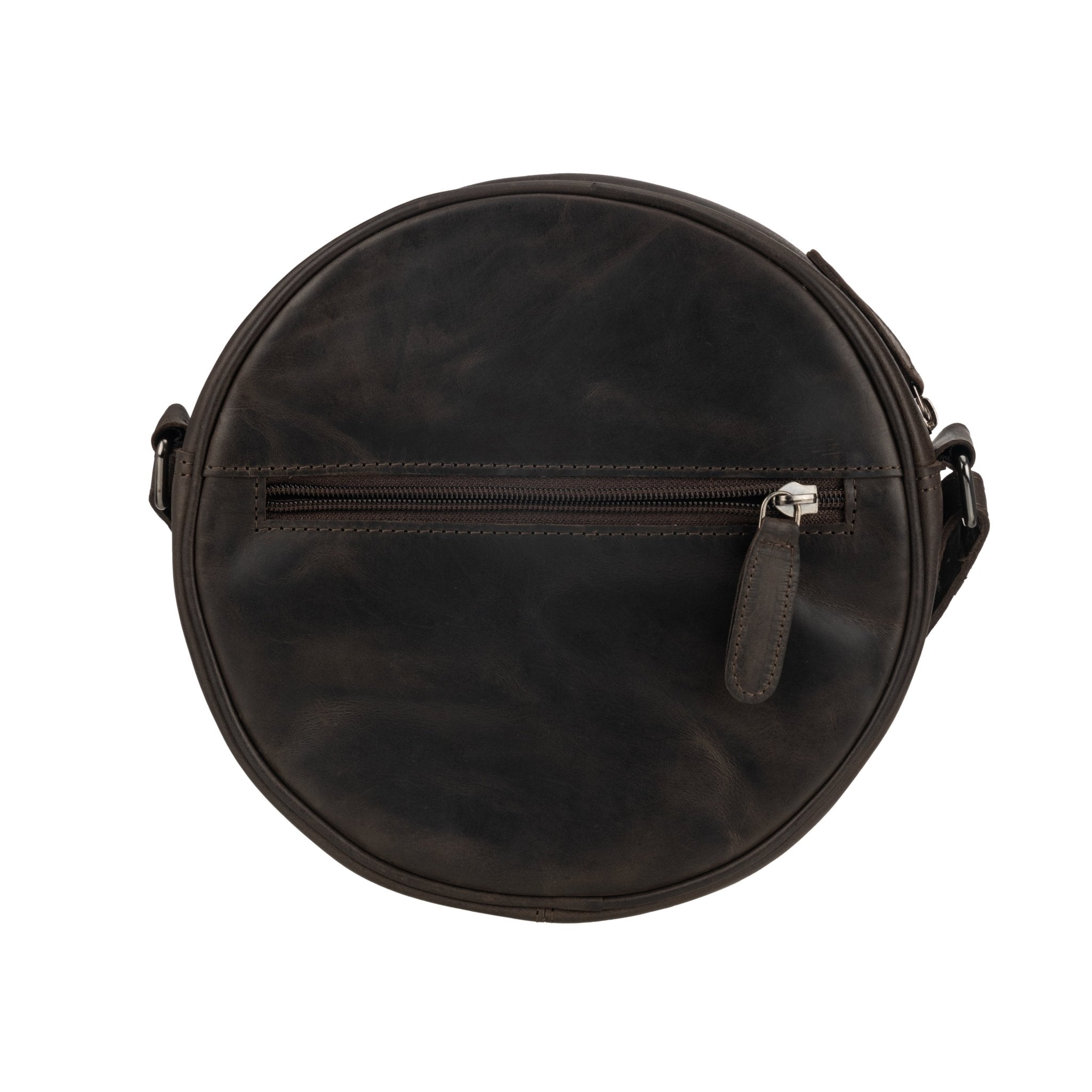 Minori Leather Luna leather round crossbody bag for women in chestnut, brown, and hair-on brown leather with a compact design.