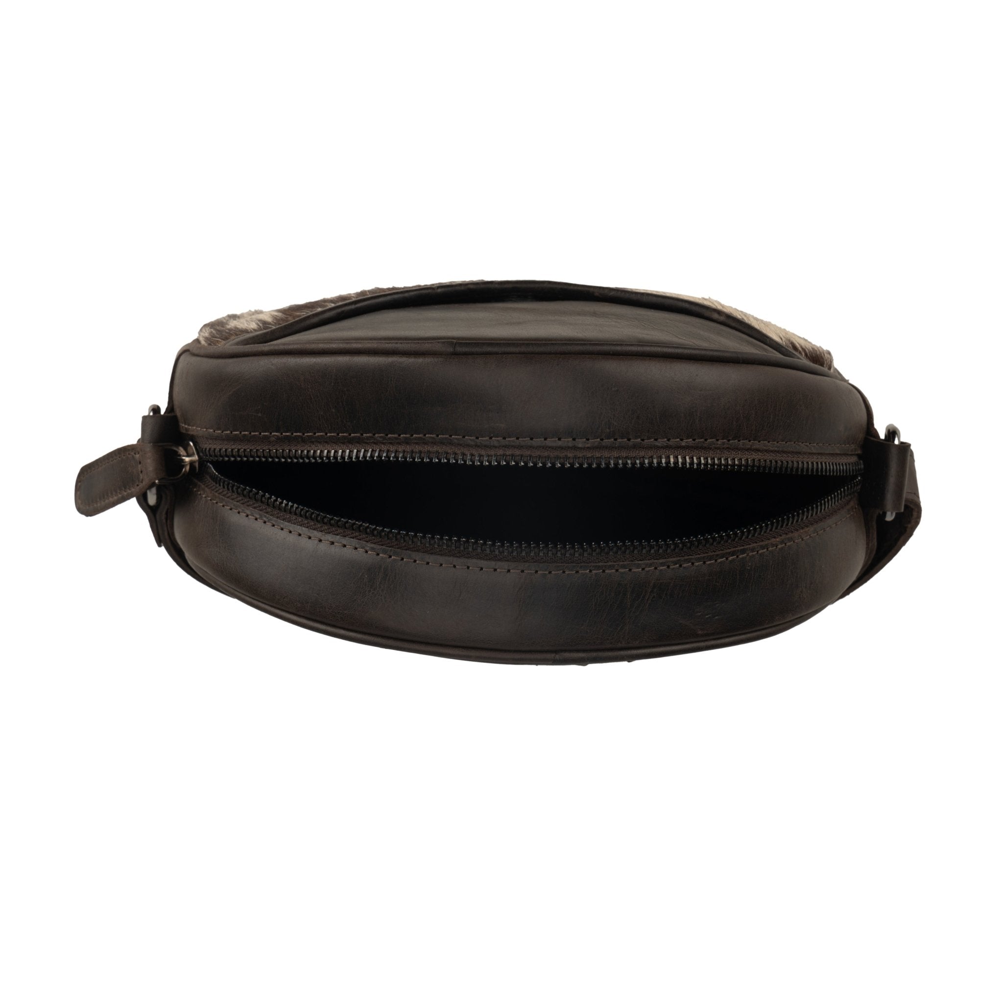 Minori Leather Luna leather round crossbody bag in chestnut, brown, and hair-on brown leather with adjustable strap for women.