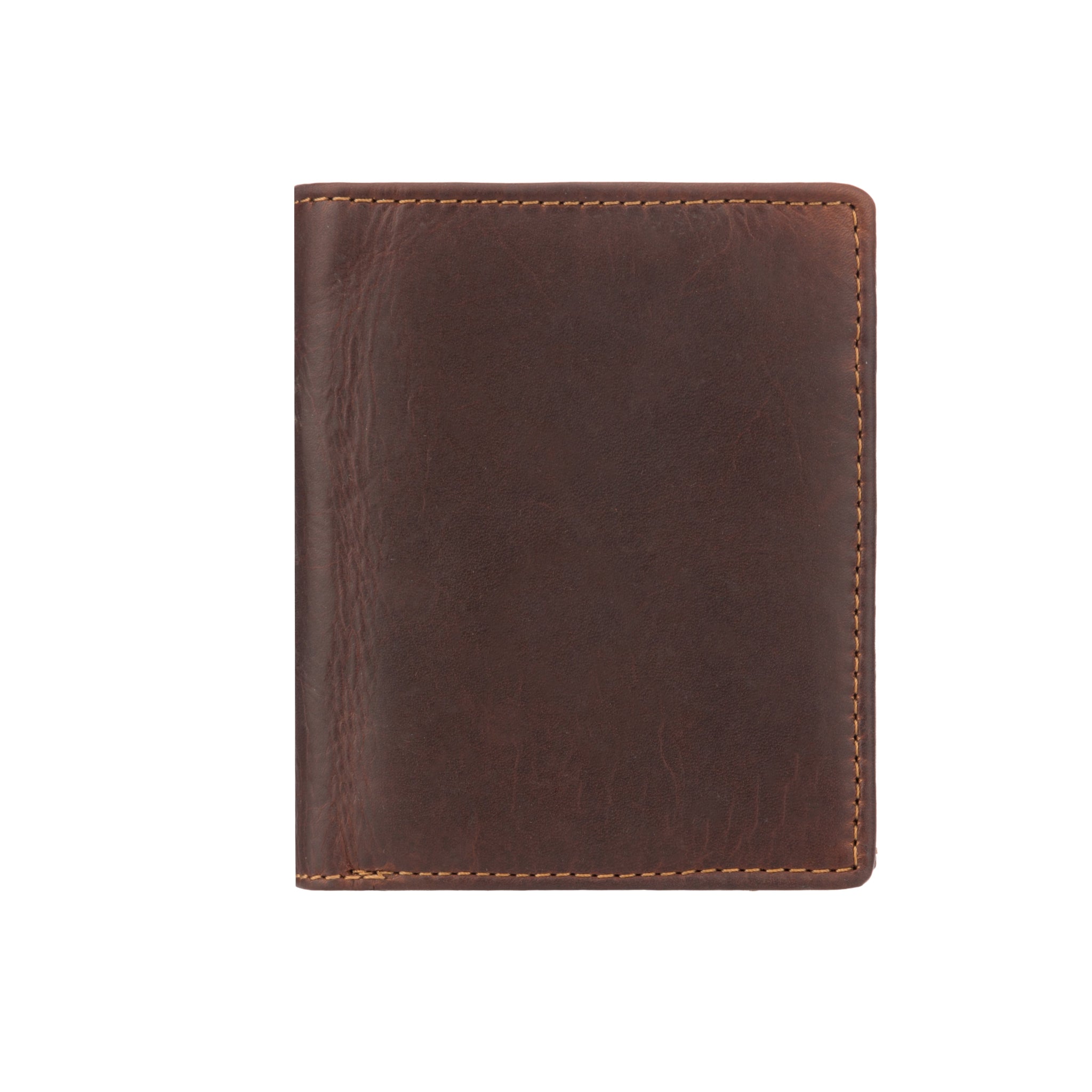 Front view of a closed chestnut Minori leather wallet with visible grain and contrast stitching.