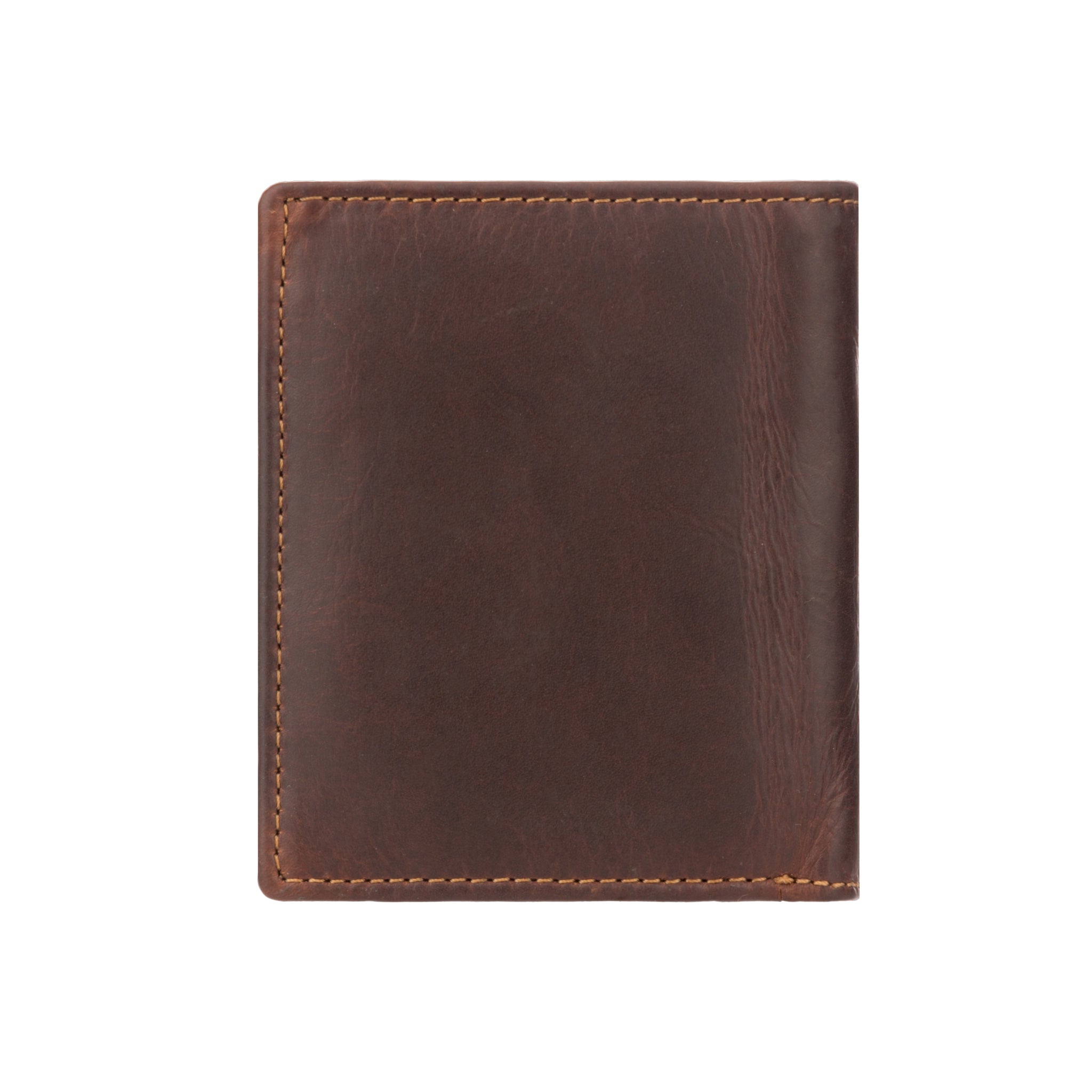 Rear view of a chestnut Minori leather wallet showing natural leather texture and detailed stitching.