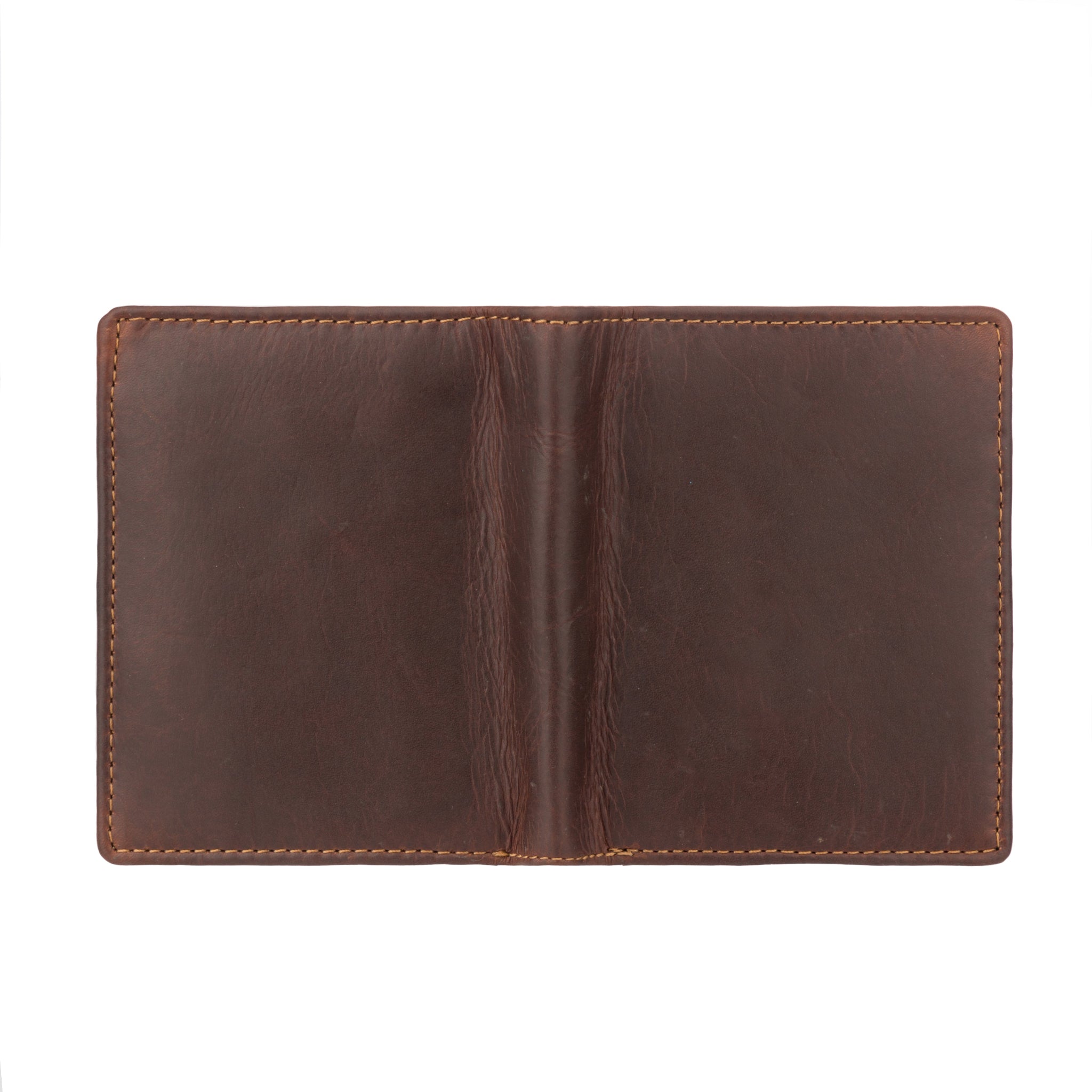 Chestnut Minori leather wallet fully opened flat to show the exterior surface and central crease.