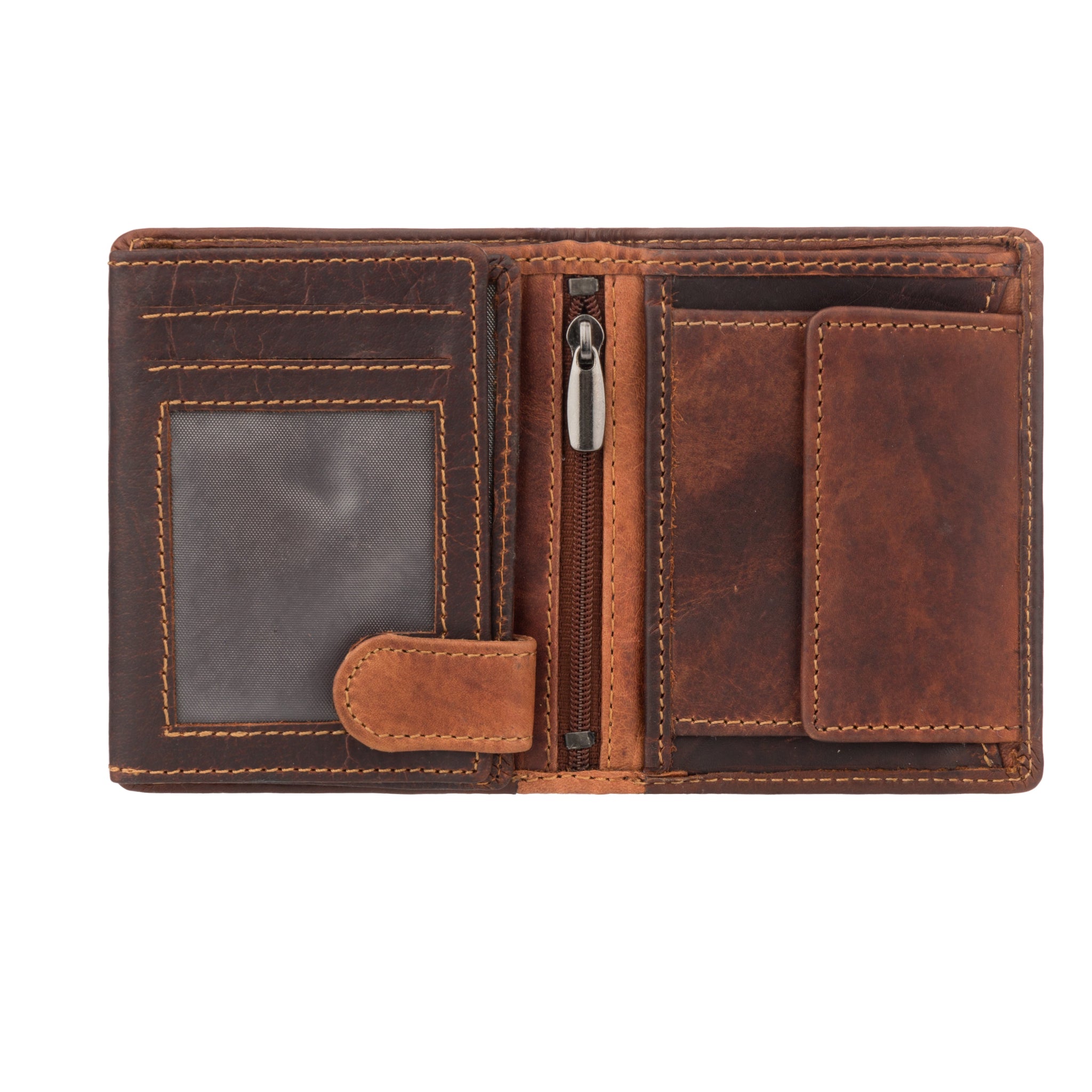 Interior view of chestnut Minori leather wallet with ID window, zipper coin pocket, and card compartments.