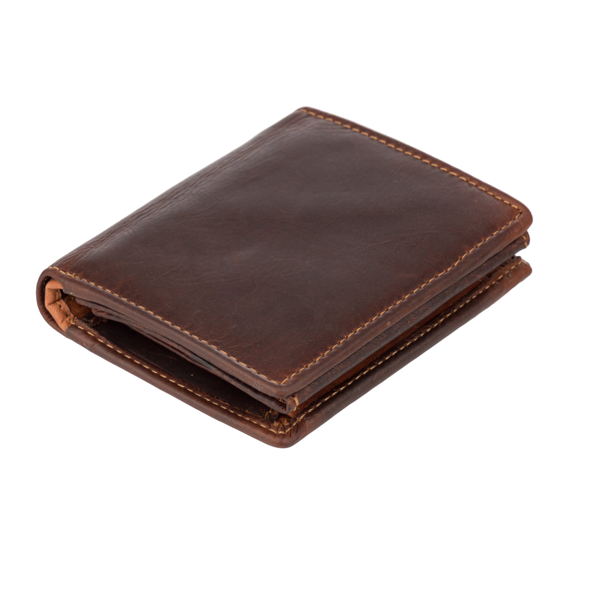 Angled bottom view of a folded chestnut Minori leather wallet with visible stitching.