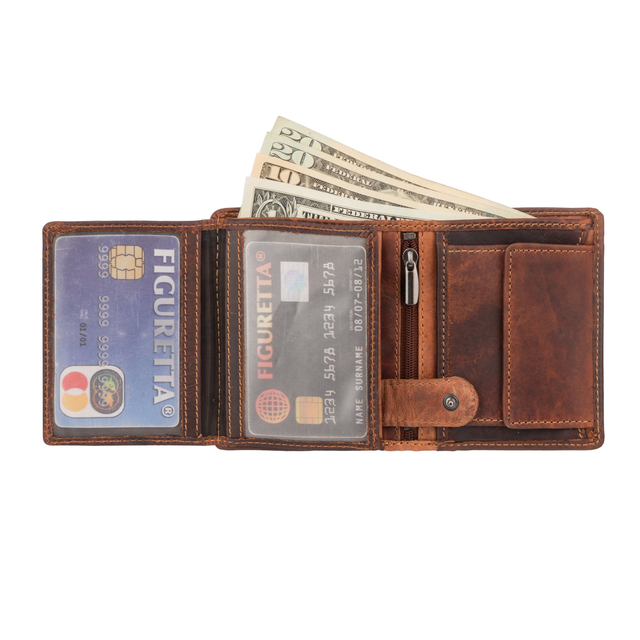 Open chestnut Minori leather wallet with inserted credit cards, cash, and visible snap-button tab.