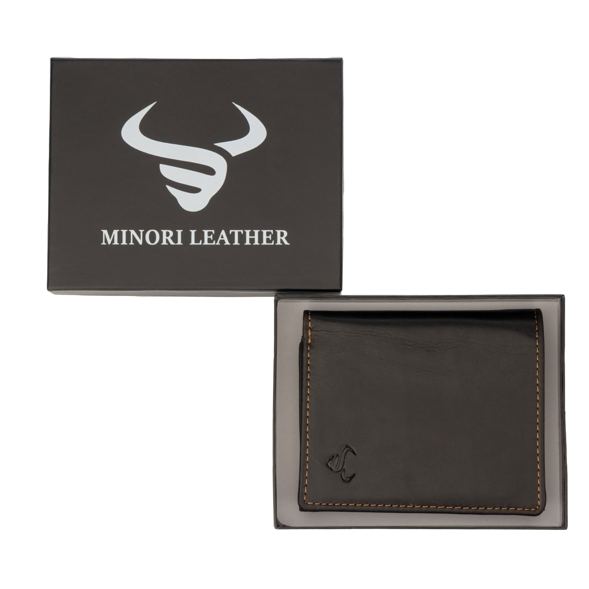 Brown Minori Leather wallet in gift box with company logo on the lid, partially opened to display the wallet inside.