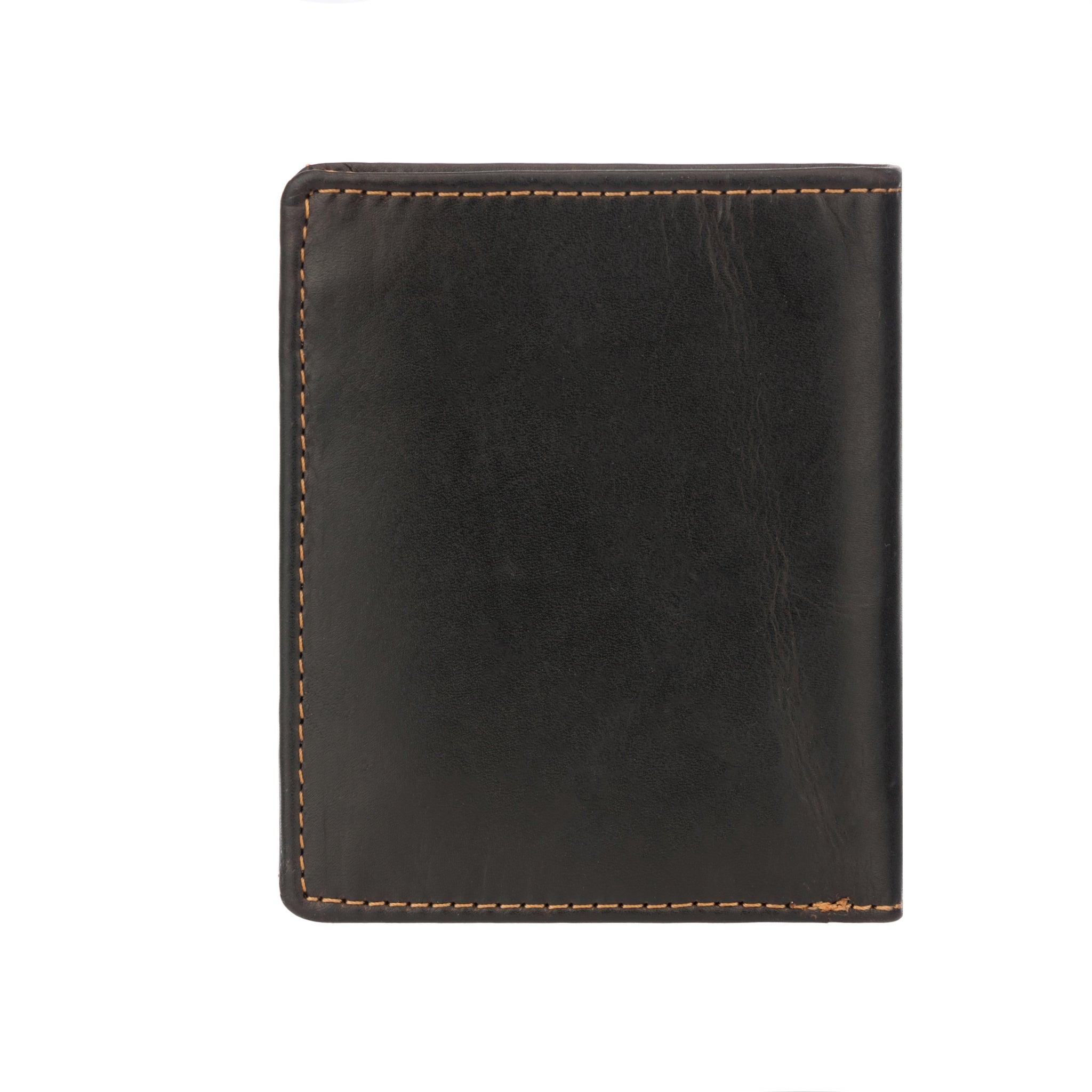 Rear view of Brown Minori leather wallet with smooth surface and stitched border.