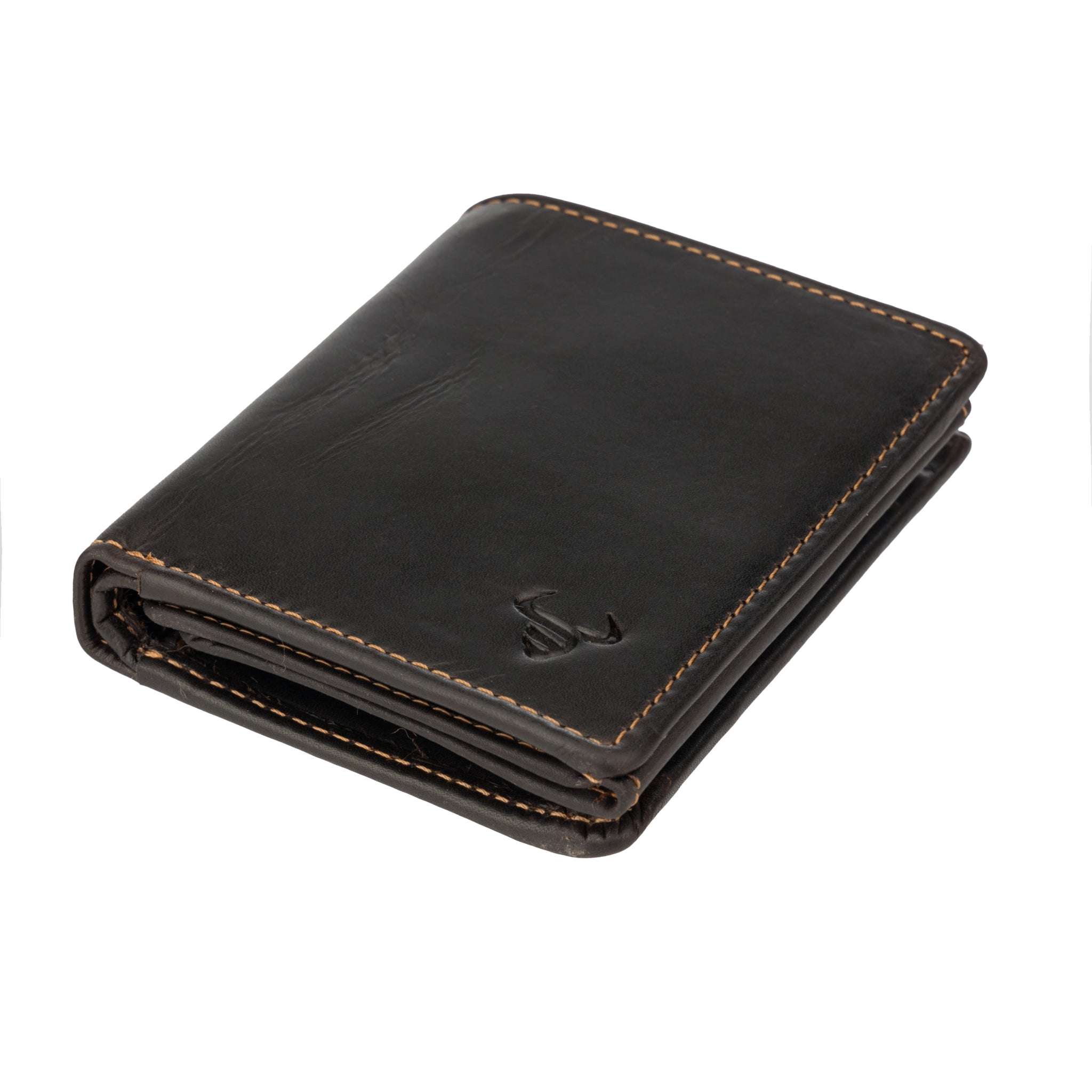 Angled view of brown Minori leather wallet, showing stitching detail and embossed logo.
