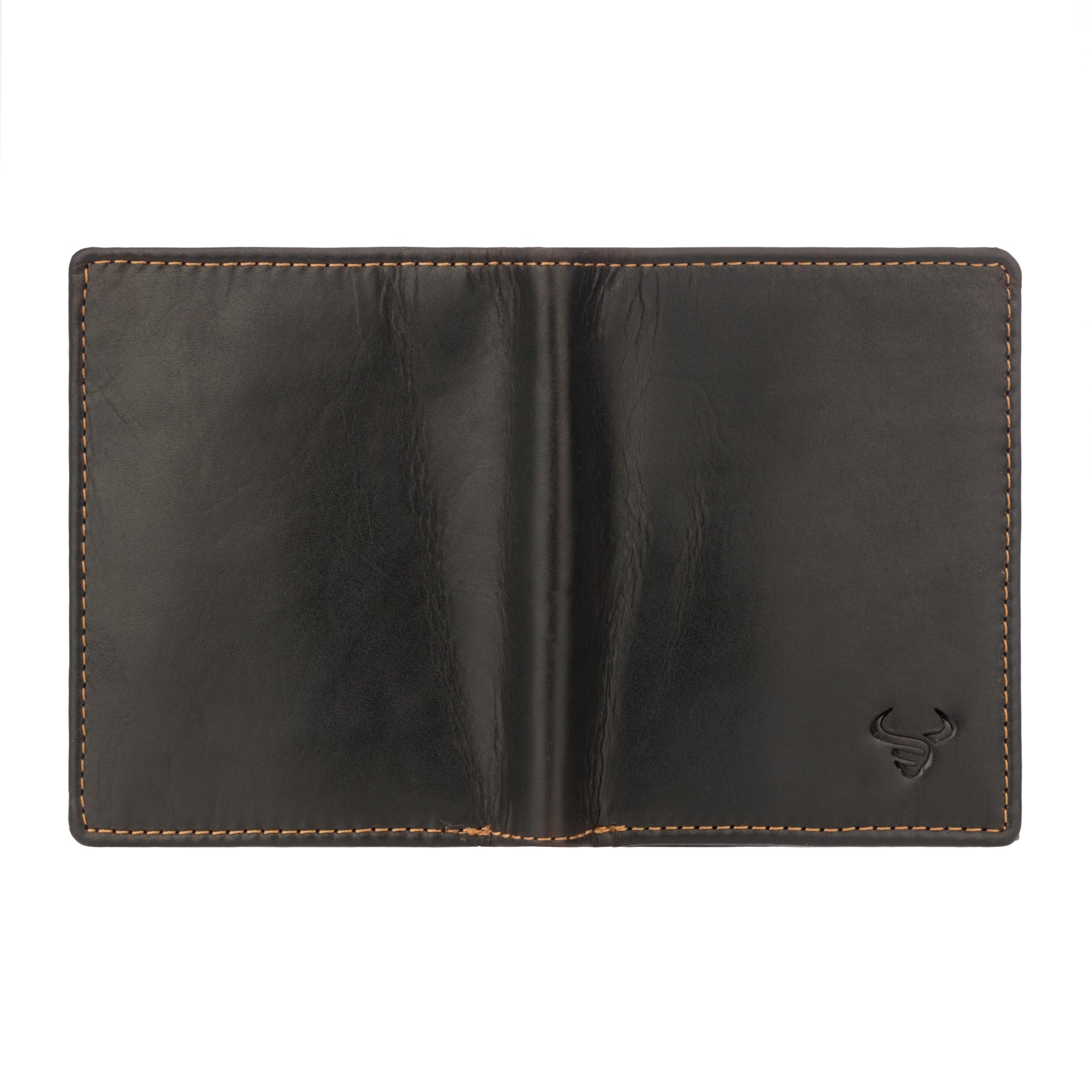 Angled view of Brown Minori leather wallet, showing stitching detail and embossed logo.