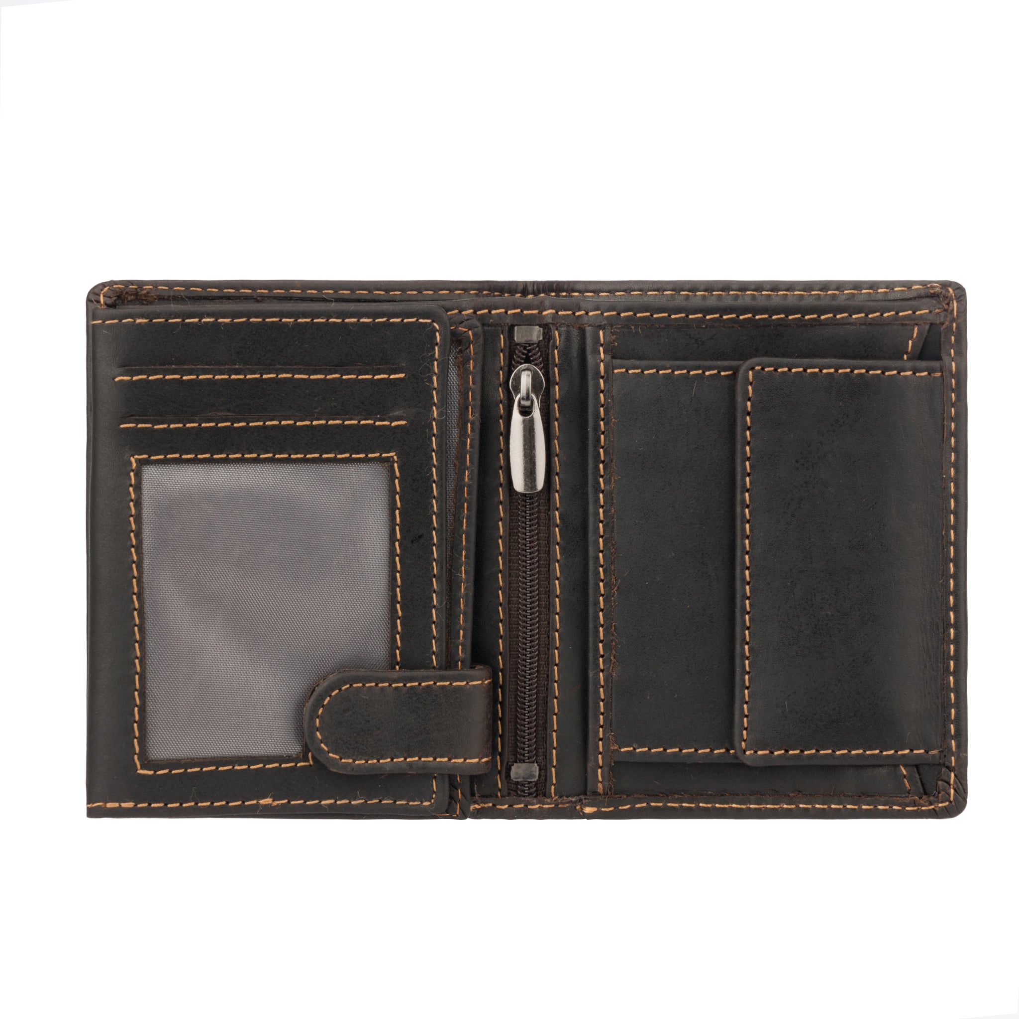 Open view of Minori Leather wallet interior showing ID window, multiple card slots, and coin pocket with zipper.