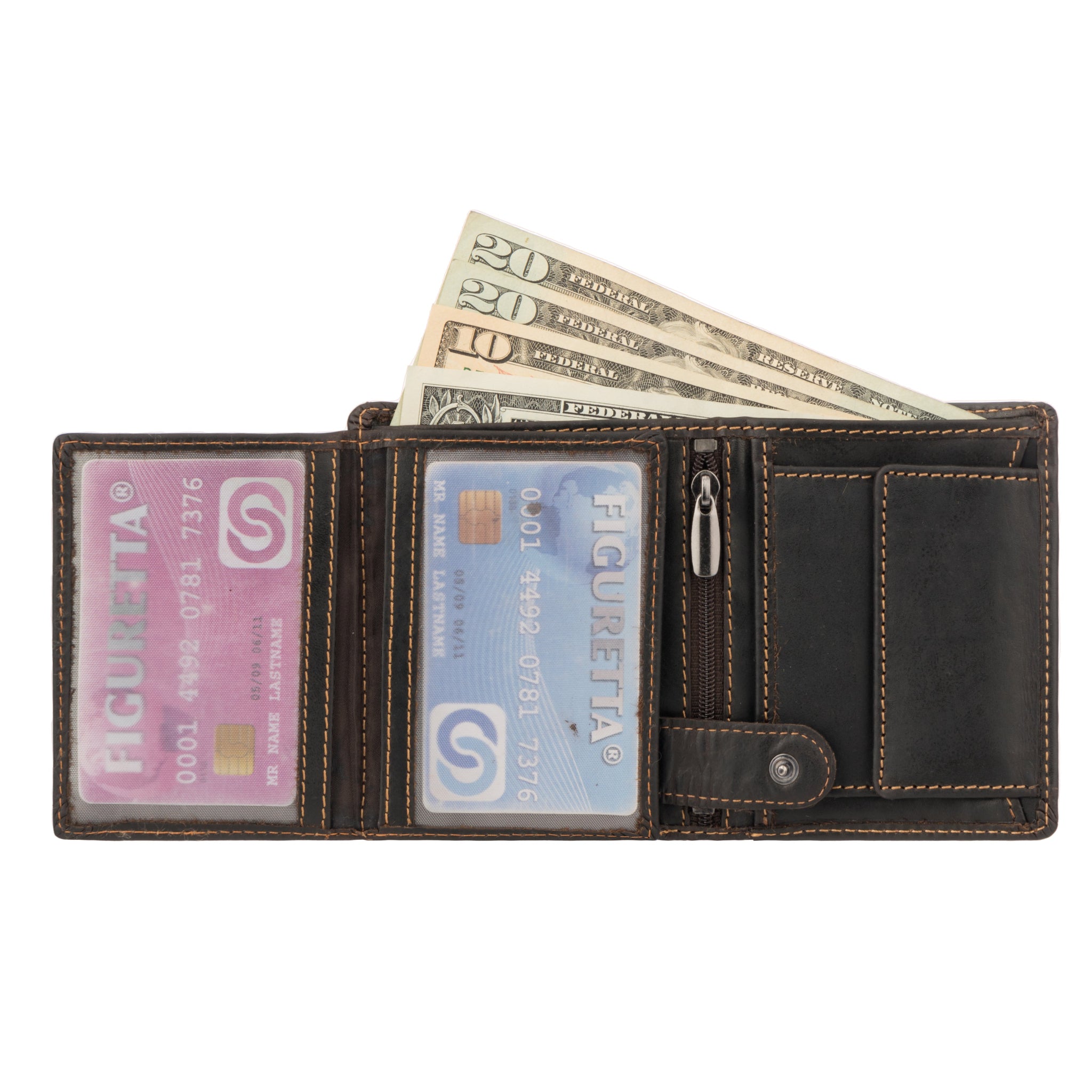 Interior of brown Minori leather wallet with cash, transparent ID window, card slots, and zipper pocket.