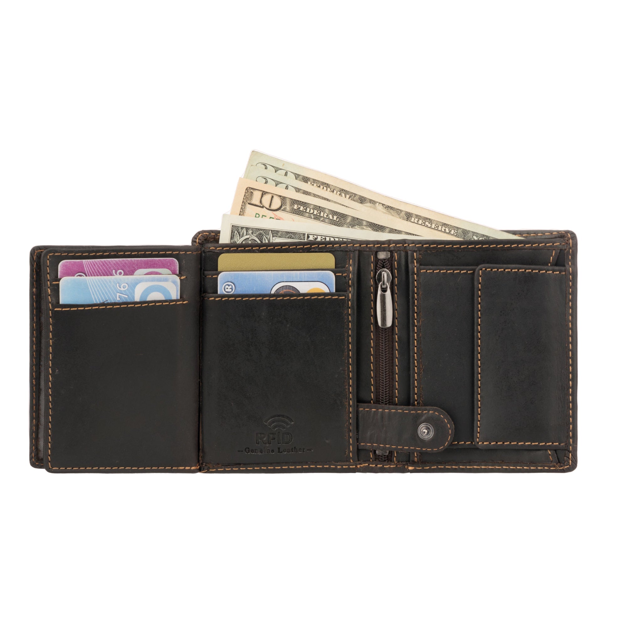 Open brown minori leather wallet with visible cash, credit cards, zipper coin pocket, and RFID protection logo embossed on the center panel.