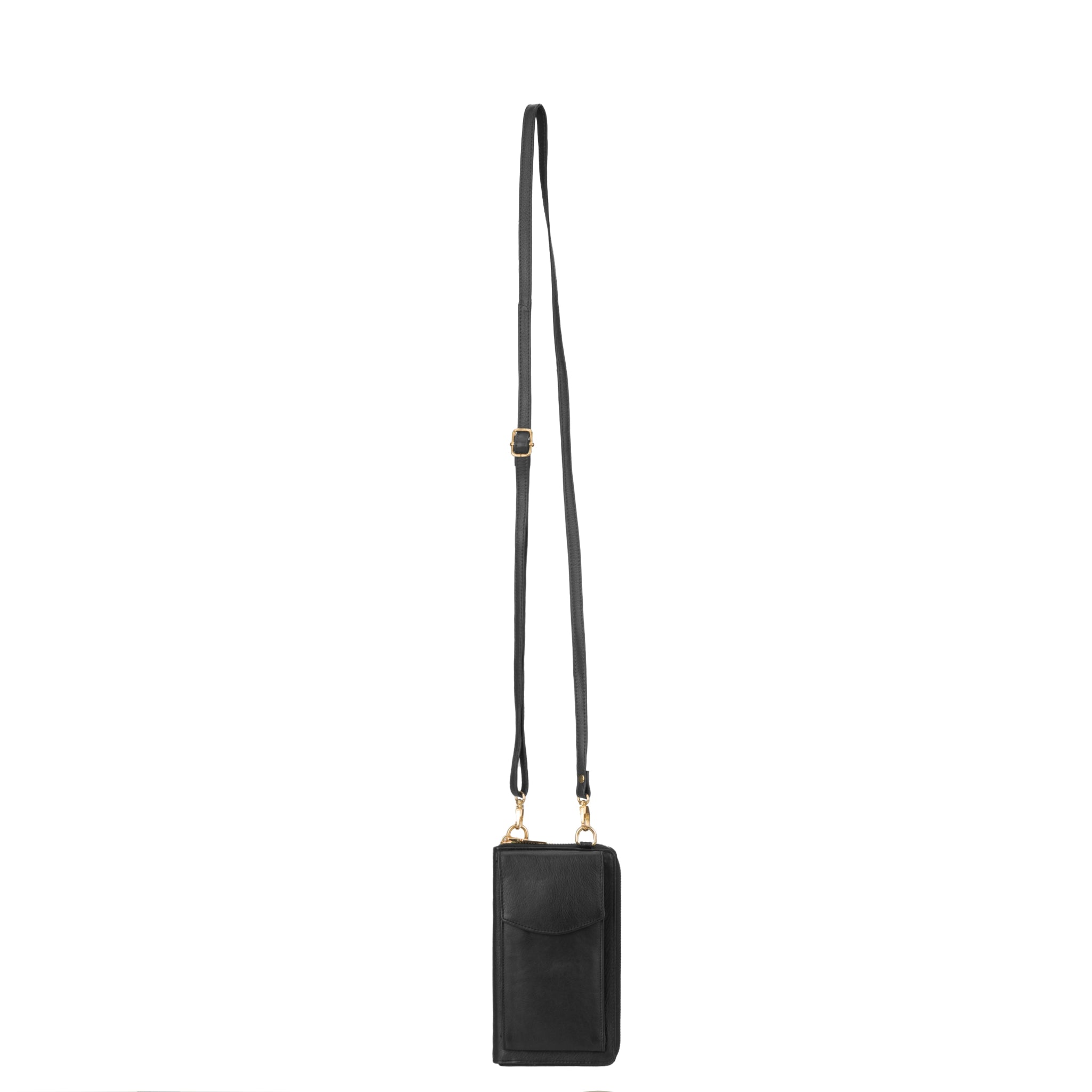 Black Minori leather crossbody wallet bag with long adjustable strap, displayed hanging vertically against a white background.