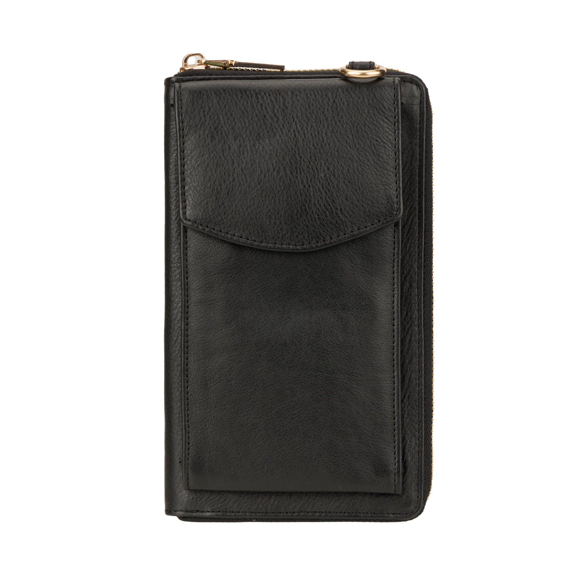 Front view of Black Minori leather wallet bag with flap pocket and zippered closure.