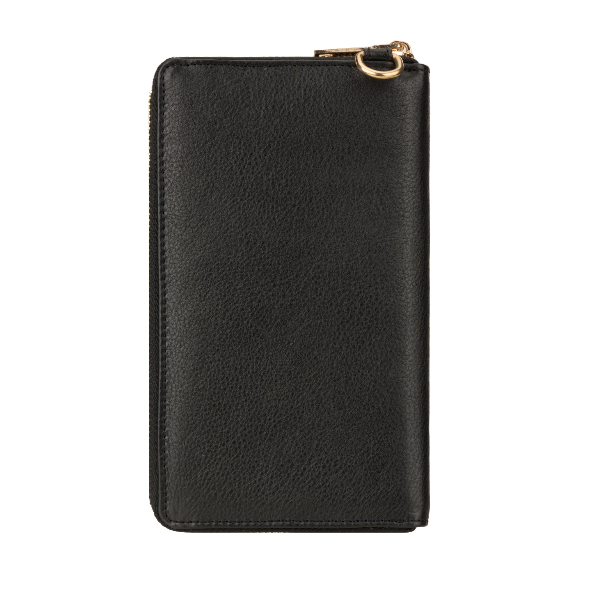 Back view of Black Minori leather wallet bag with a minimalist design and gold D-ring hardware.
