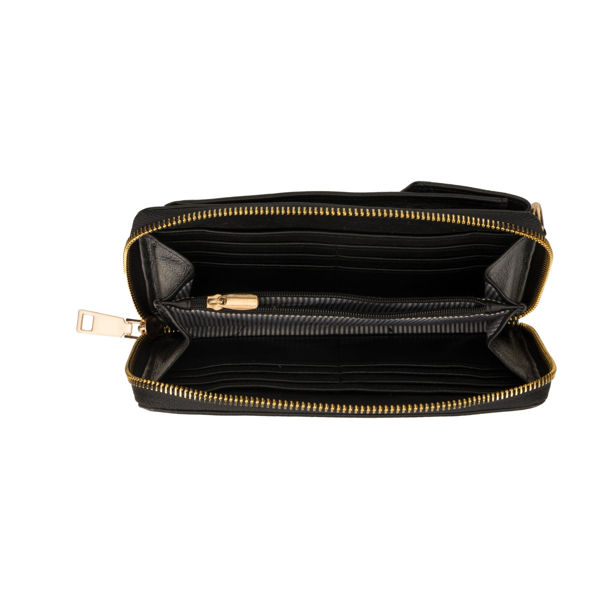 Interior view of Black Minori leather wallet bag with multiple card slots, central zip pocket, and spacious compartments.