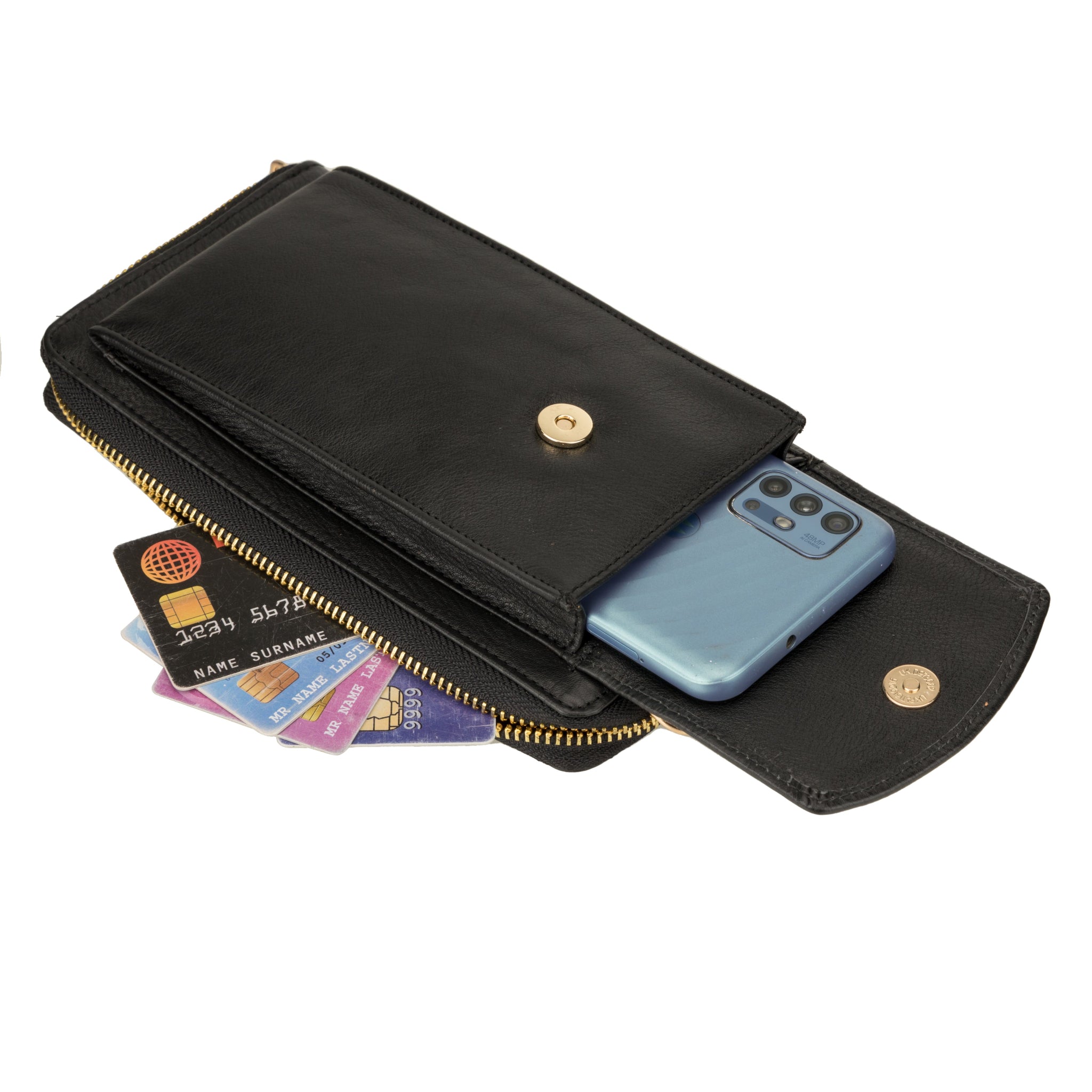 Black Minori leather wallet bag with smartphone and credit cards inside front flap pocket, demonstrating storage functionality.