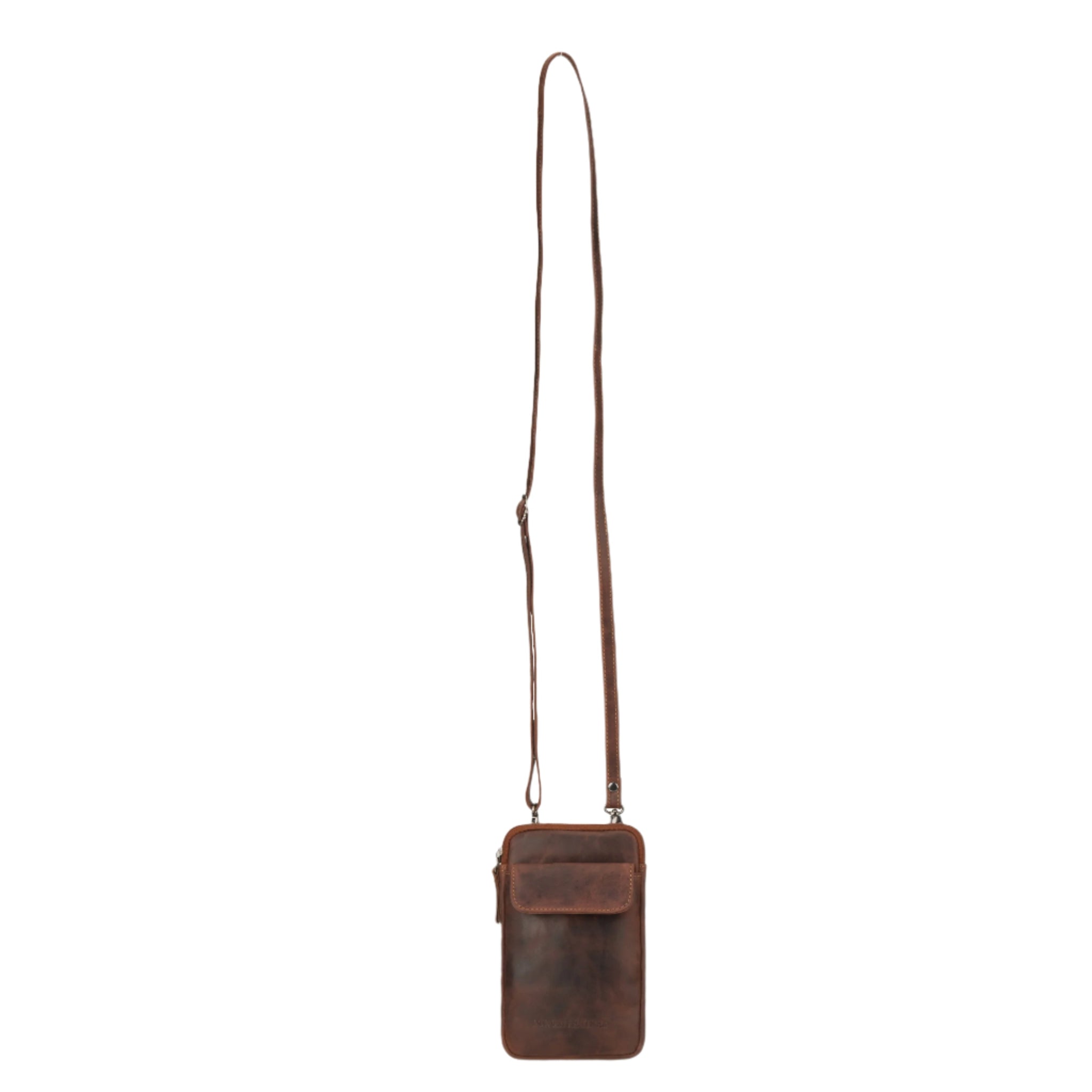 Front view of a long-strap tan brown leather crossbody phone bag with flap pocket.