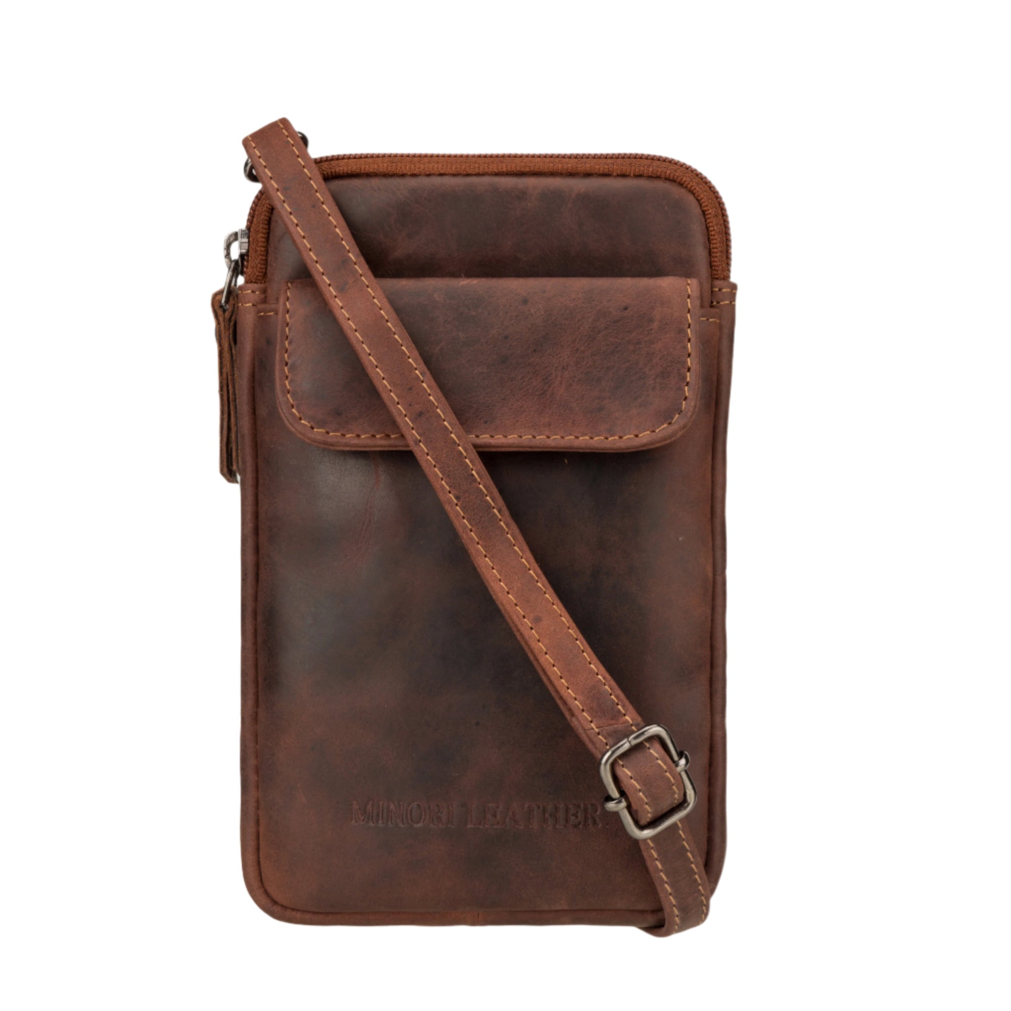 Front view of a long-strap dark brown leather crossbody phone bag with flap pocket.