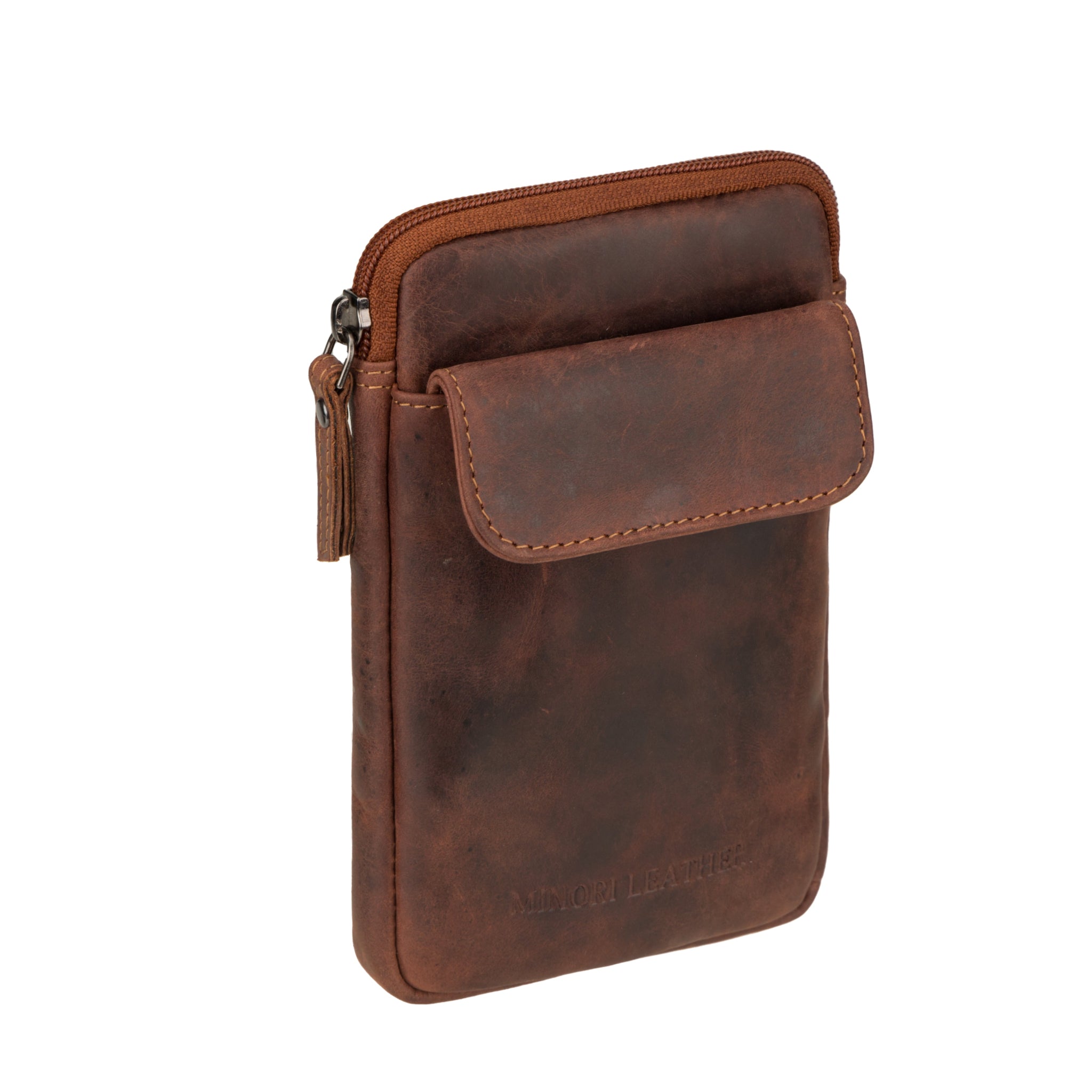 Angled view of a tan brown leather crossbody phone bag showing its thickness.