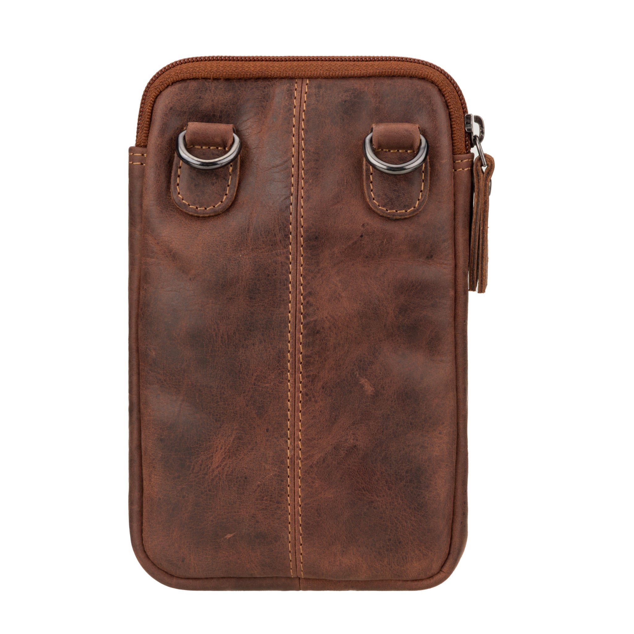 Back view of a tan brown leather crossbody phone bag with two metal rings.