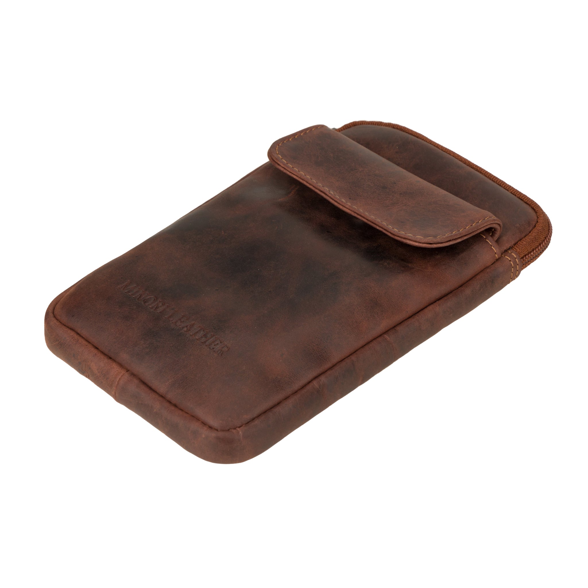 Side view of a tan brown leather crossbody phone bag lying flat.