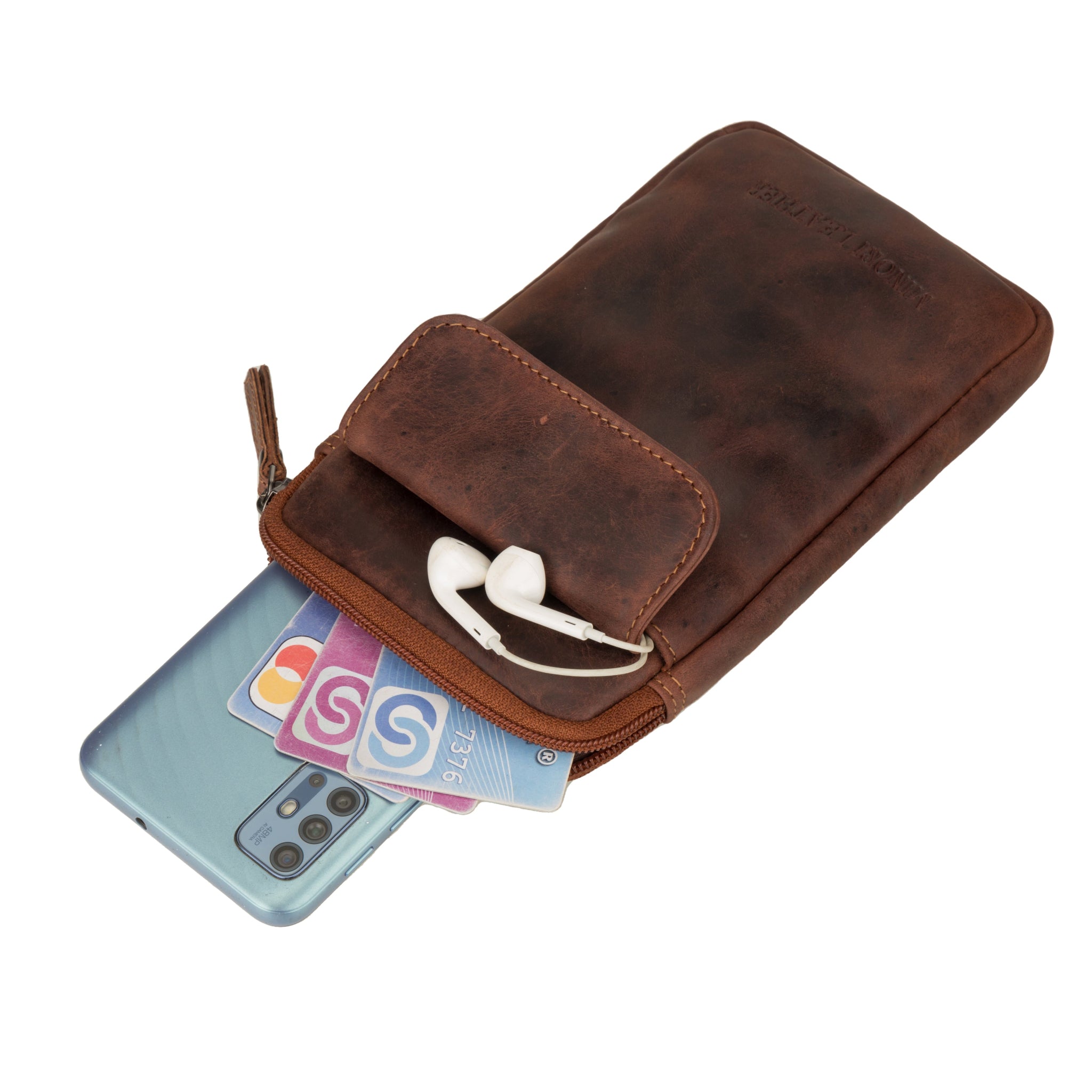 Tan brown leather phone bag with items like a phone, cards, and earphones partially inserted.