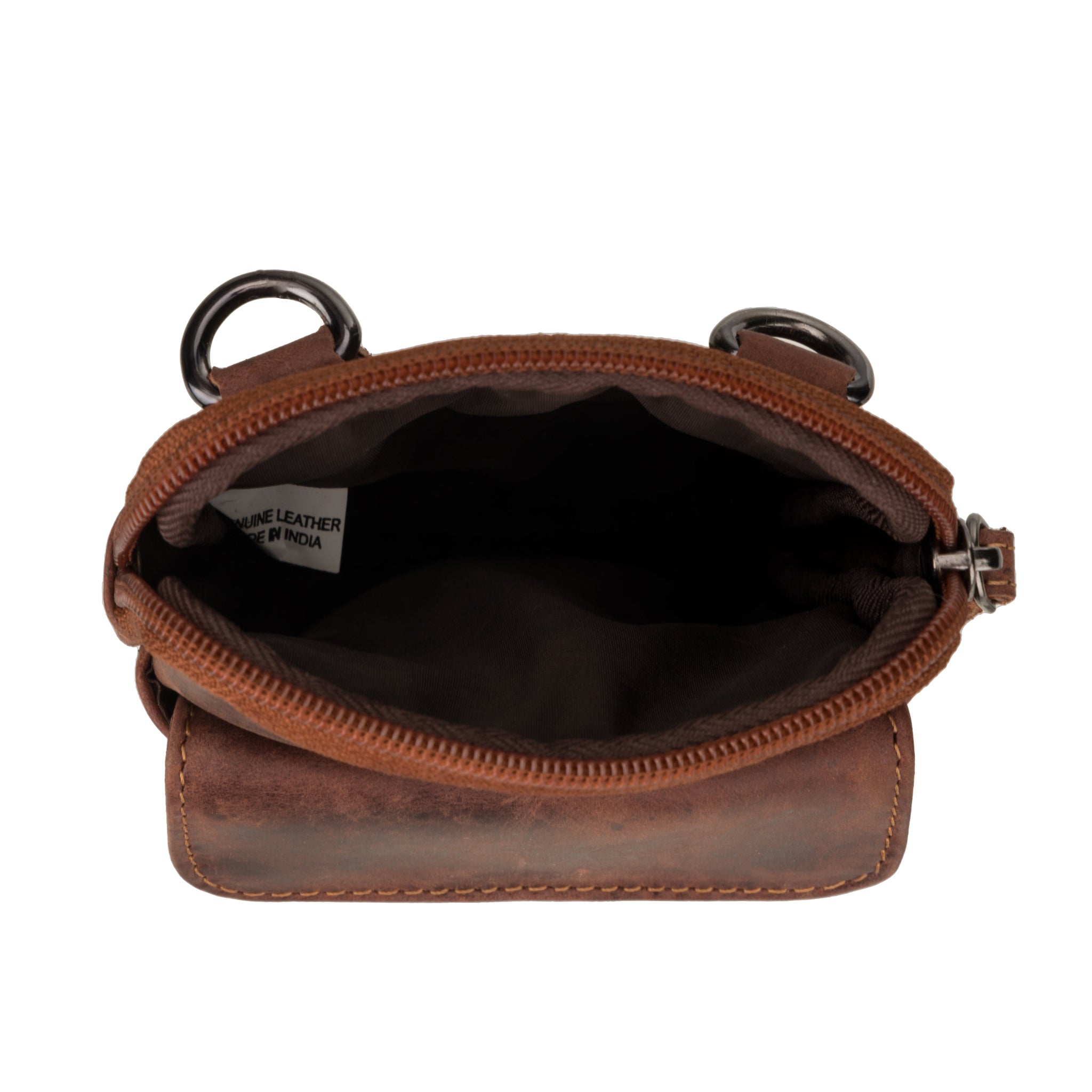 Top view of an open tan brown leather phone bag showing the inside compartment.