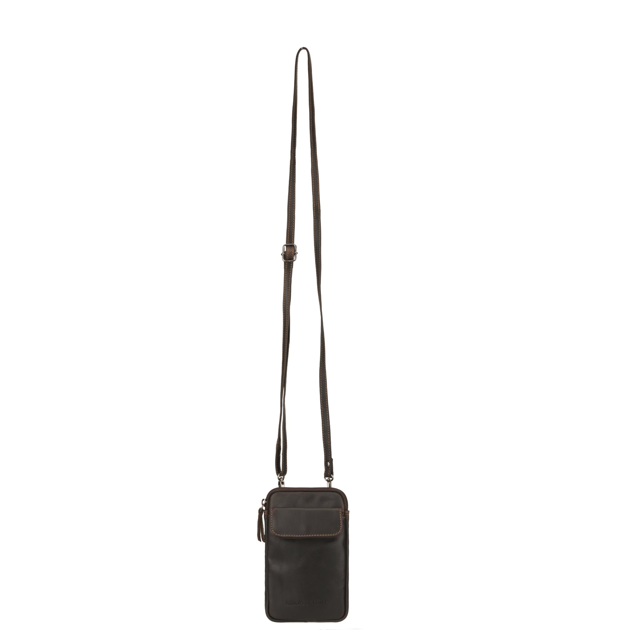 Dark brown Minori leather mobile sling bag with a long adjustable strap, shown hanging vertically against a white background.