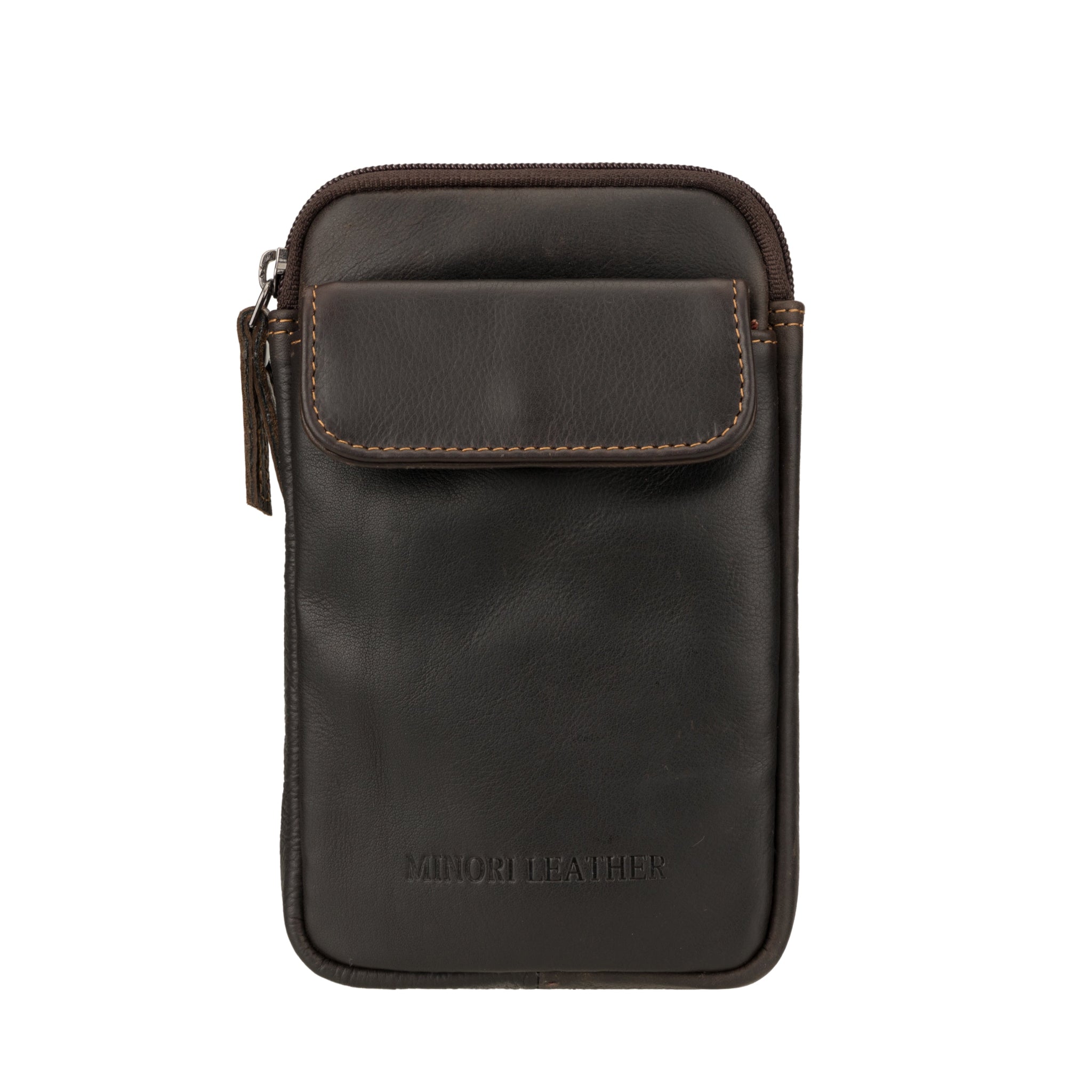Front view of a compact dark brown Minori leather sling bag with flap and zippered compartments.