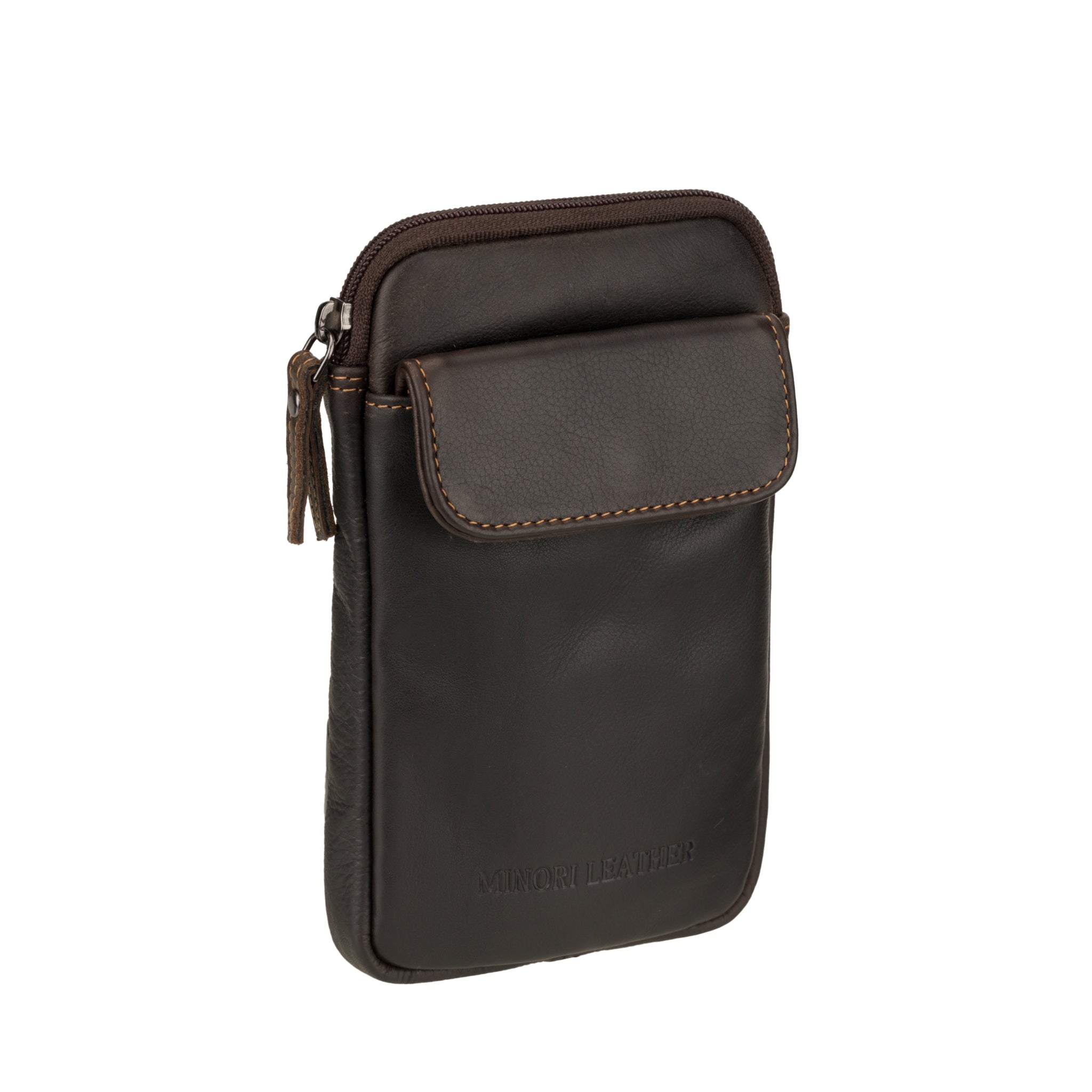 Angled front-side view of a brown Minori leather mobile sling bag highlighting its soft leather texture and flap detail.