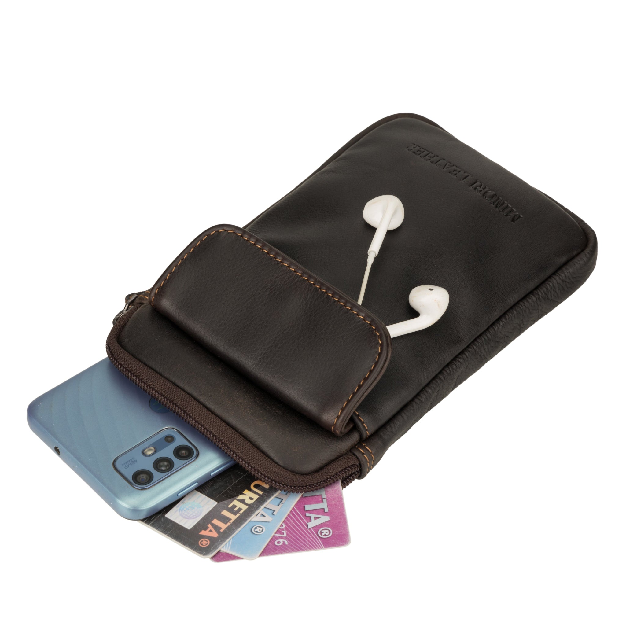 Brown Minori leather mobile sling bag filled with daily essentials including a phone, credit cards, and wired earphones peeking out.