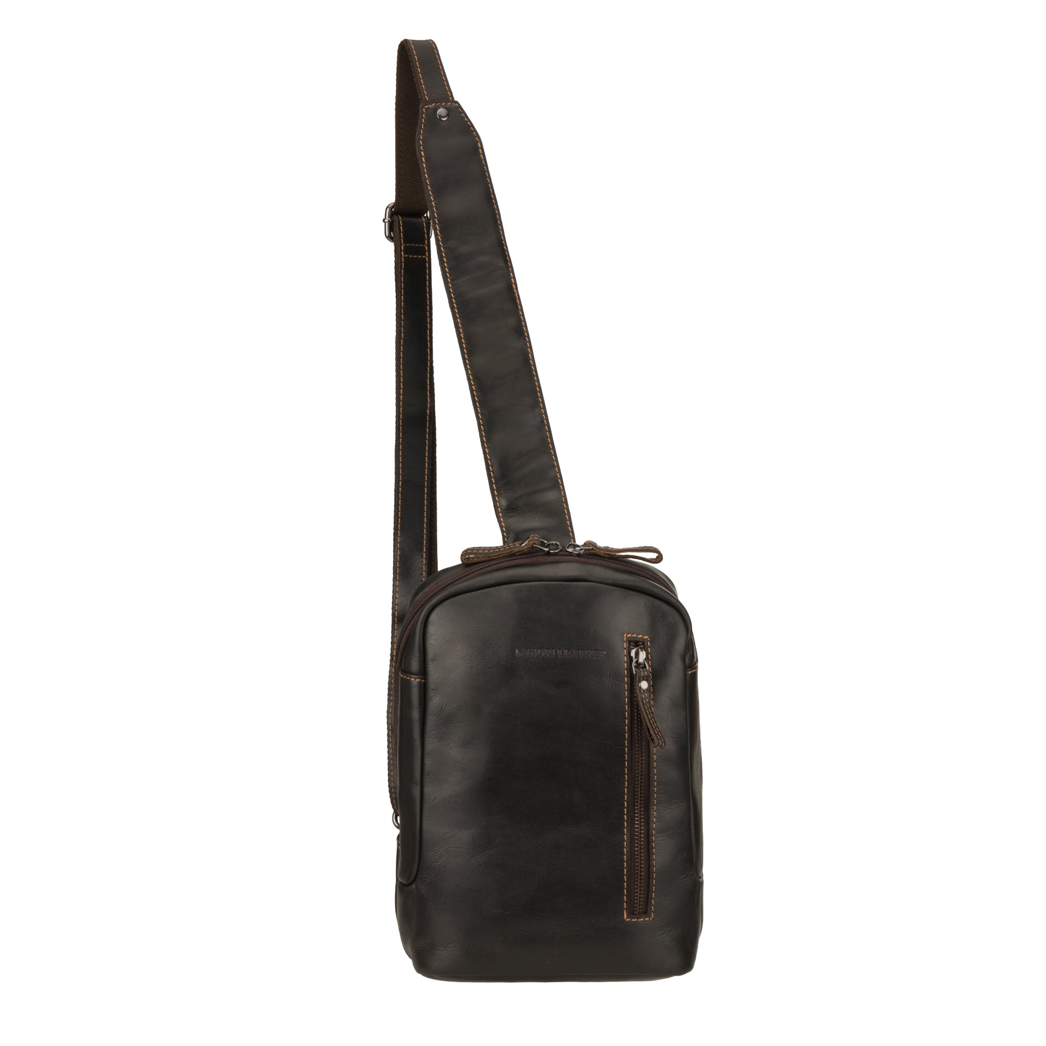 Front view of a brown Minori leather crossbody sling bag with a single strap and vertical zippered pocket.