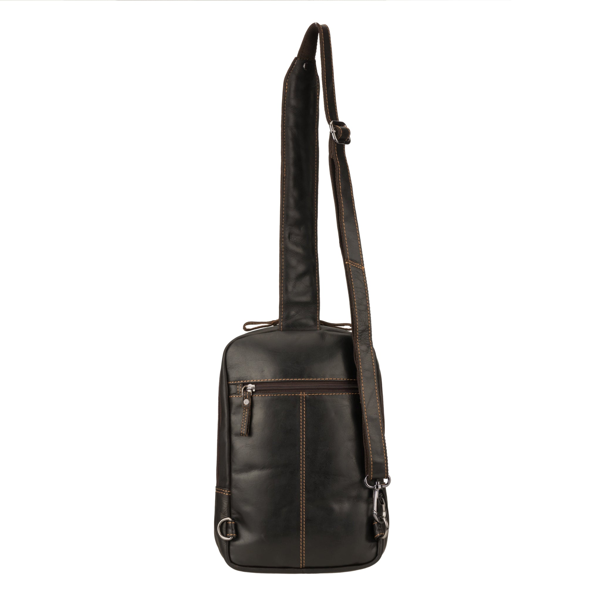 Rear view of a brown Minori leather crossbody sling bag with a small zippered pocket and adjustable strap.