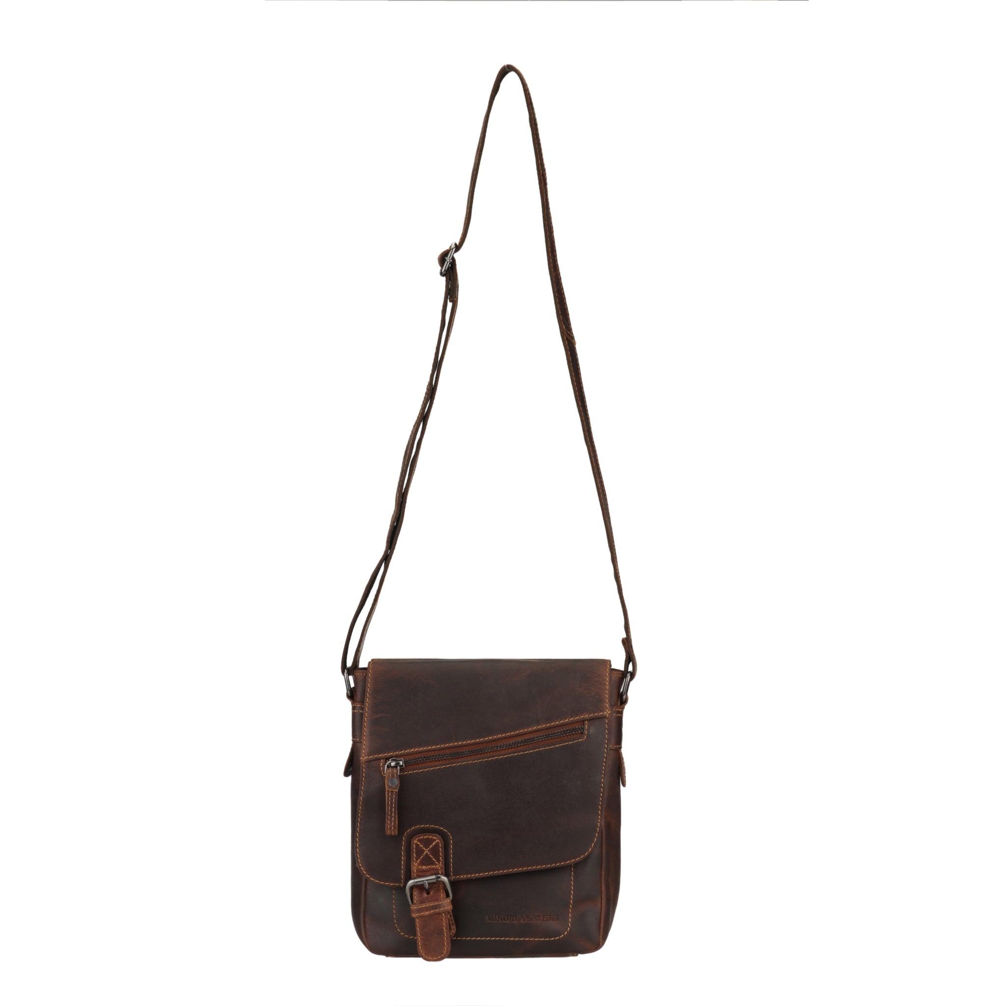 Front view of a chestnut brown Minori leather crossbody bag with adjustable strap.