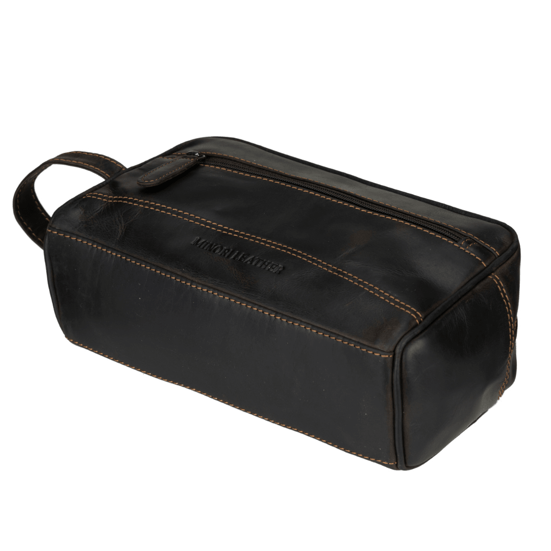 Brown Minori Leather toiletry bag for men with premium leather finish, compact and stylish for travel storage.