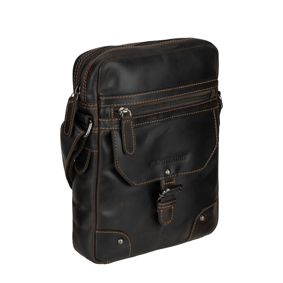Brown Denver Leather Crossbody Bag by Minori Leather, unisex leather bag with adjustable strap and sleek design.