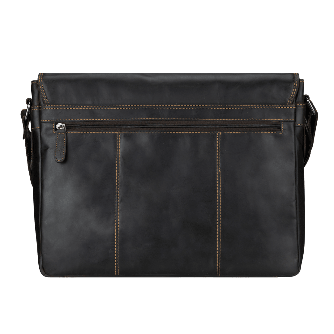 Richmond full grain leather 16-inch men's laptop messenger bag by Minori Leather, brown work bag with adjustable strap and multiple compartments.