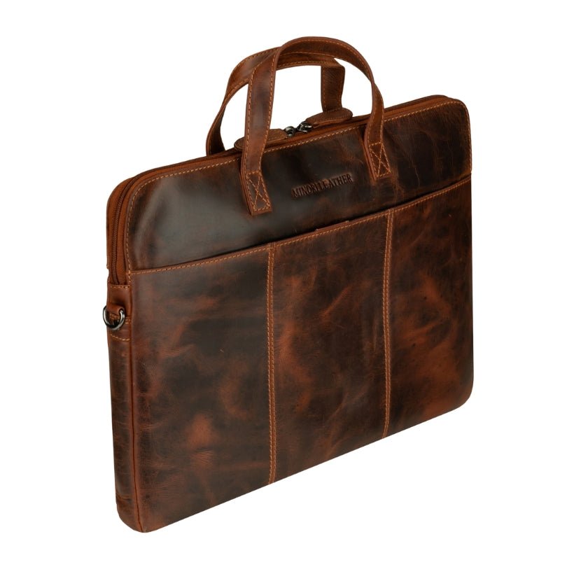 Minori Leather Atlas 14-inch unisex leather laptop sleeve in chestnut with sleek design and secure closure.