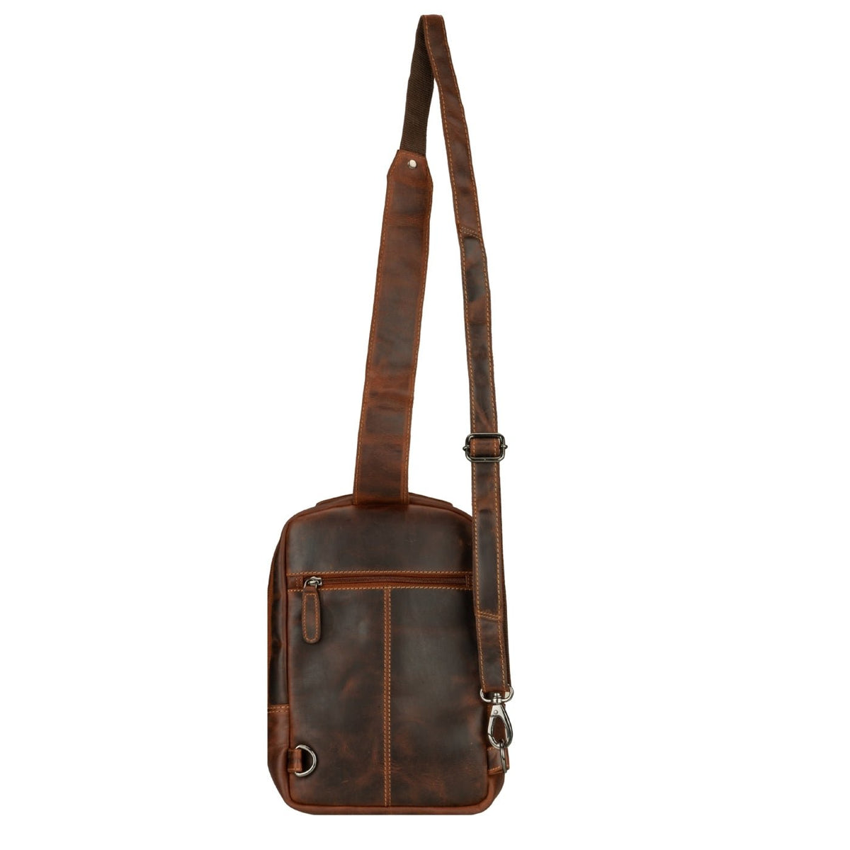 Minori Leather Luxe Leather Crossbody Sling Bag in Chestnut with adjustable strap and gold-tone hardware.