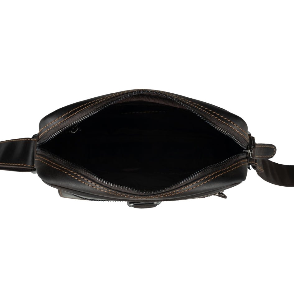 Brown Denver Leather crossbody bag by Minori Leather, unisex style with adjustable strap and sleek design.
